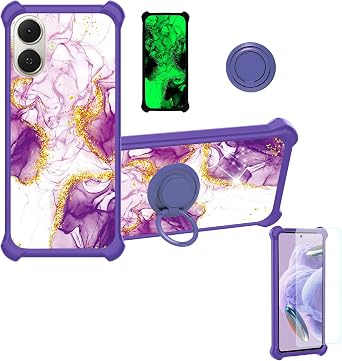 Aroepurt Case Compatible for Tecno Pop 10 Pro Phone Case Cover [with 1* Tempered Glass Screen Protector][Hard PC + Soft Silicone][Ring Support] [Gold Glitter+Luminous] JSZ-ZDL
