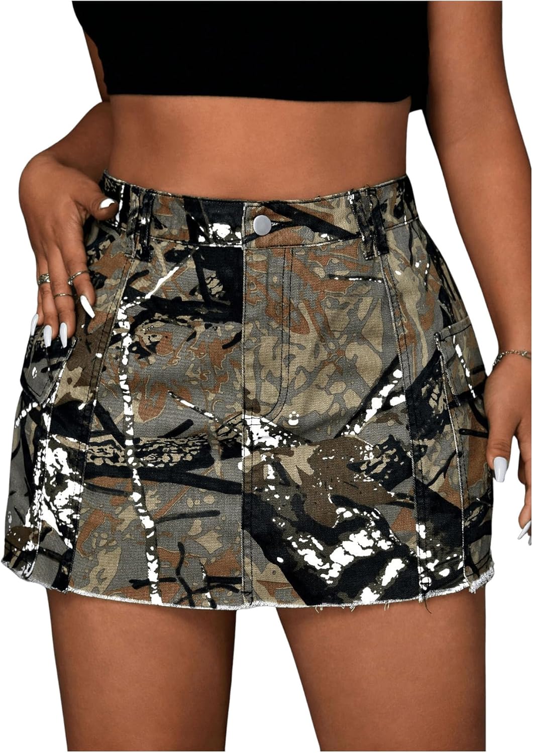 WDIRARA Women's Plus Size Y2K Mini Denim Skirt High Waist Bodycon Cargo Skirts with Flap Pocket