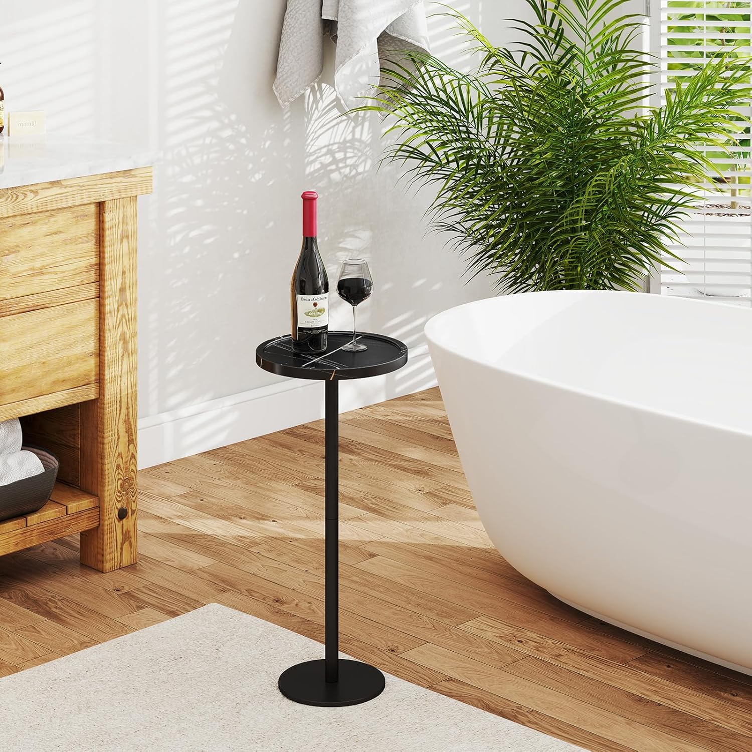 KJGKK Drink Table, 11 inch Dia., Small Pedestal Side Table, Round Cocktail Table, Circle End Table with Metal Base, for Small Spaces, Living Room, Bedroom, Faux Marble, Black