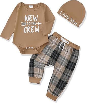 Renotemy Newborn Baby Boy Fall Clothes, Long Sleeve Letter Printed Rompers Plaid Pants Hat Outfits Clothing Set 0-18 Months