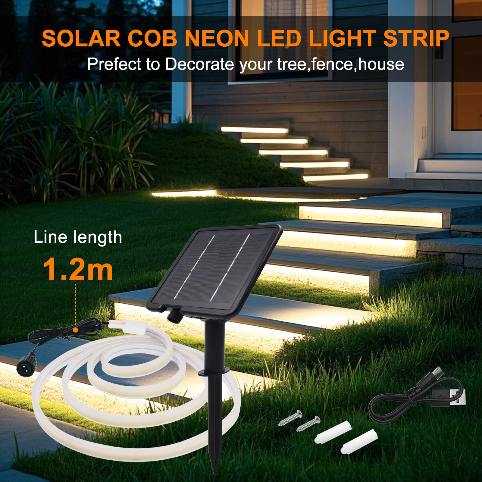 24V Solar LED Streifen, 8 Modi Lichtband Außen Neon Lichterkette, Neon Stripe Cuttable 5cm, 320LEDs/m Superheller COB LED Band für Terrasse, Innenhof(Warmweiß，5m)