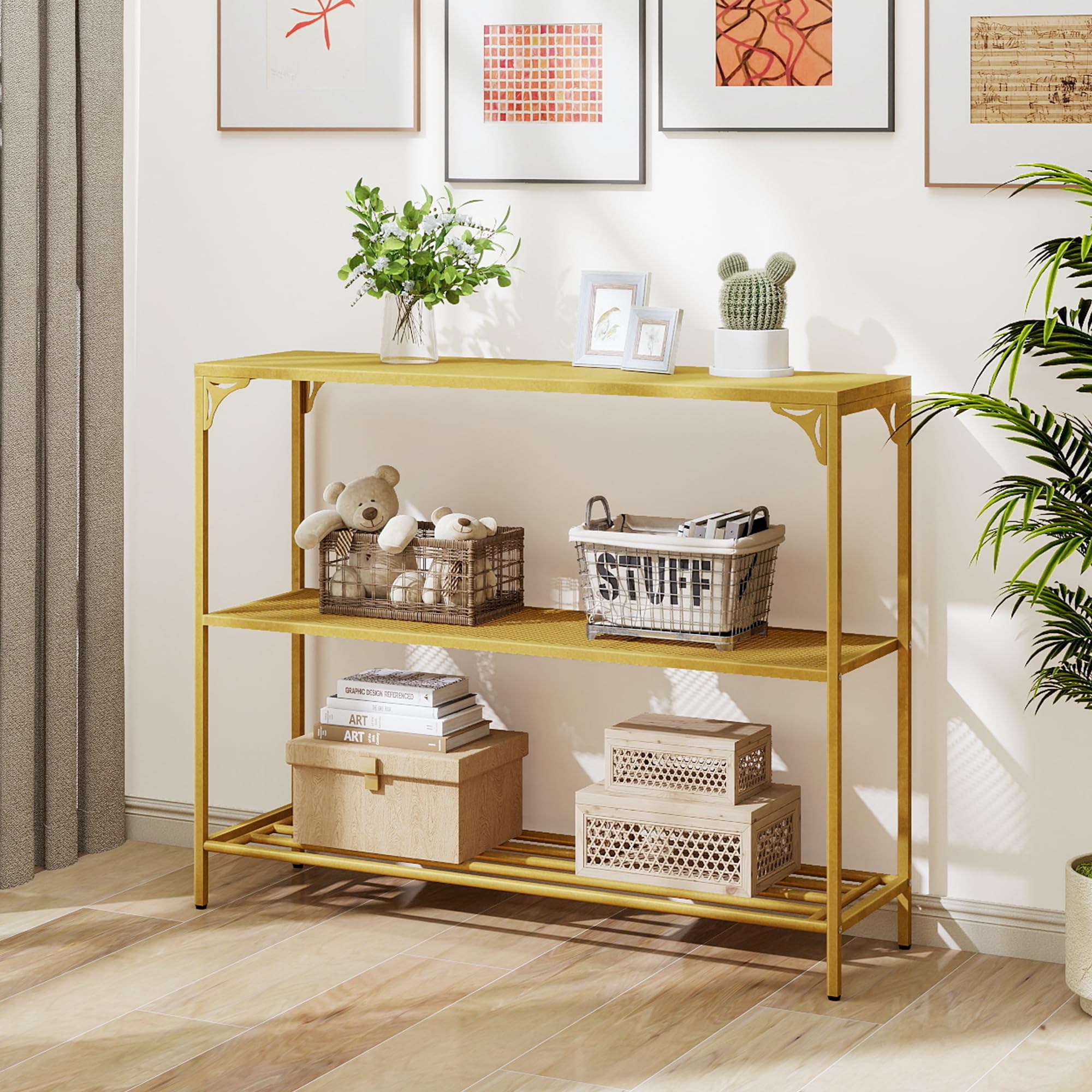 HDANI Schmaler Konsolentisch, 100 x 30 x 80 cm, Goldfarben | 2 Regale aus Netz, Metall-Beistelltisch, Für Wohnzimmer, Flur, Schlafzimmer und Büro