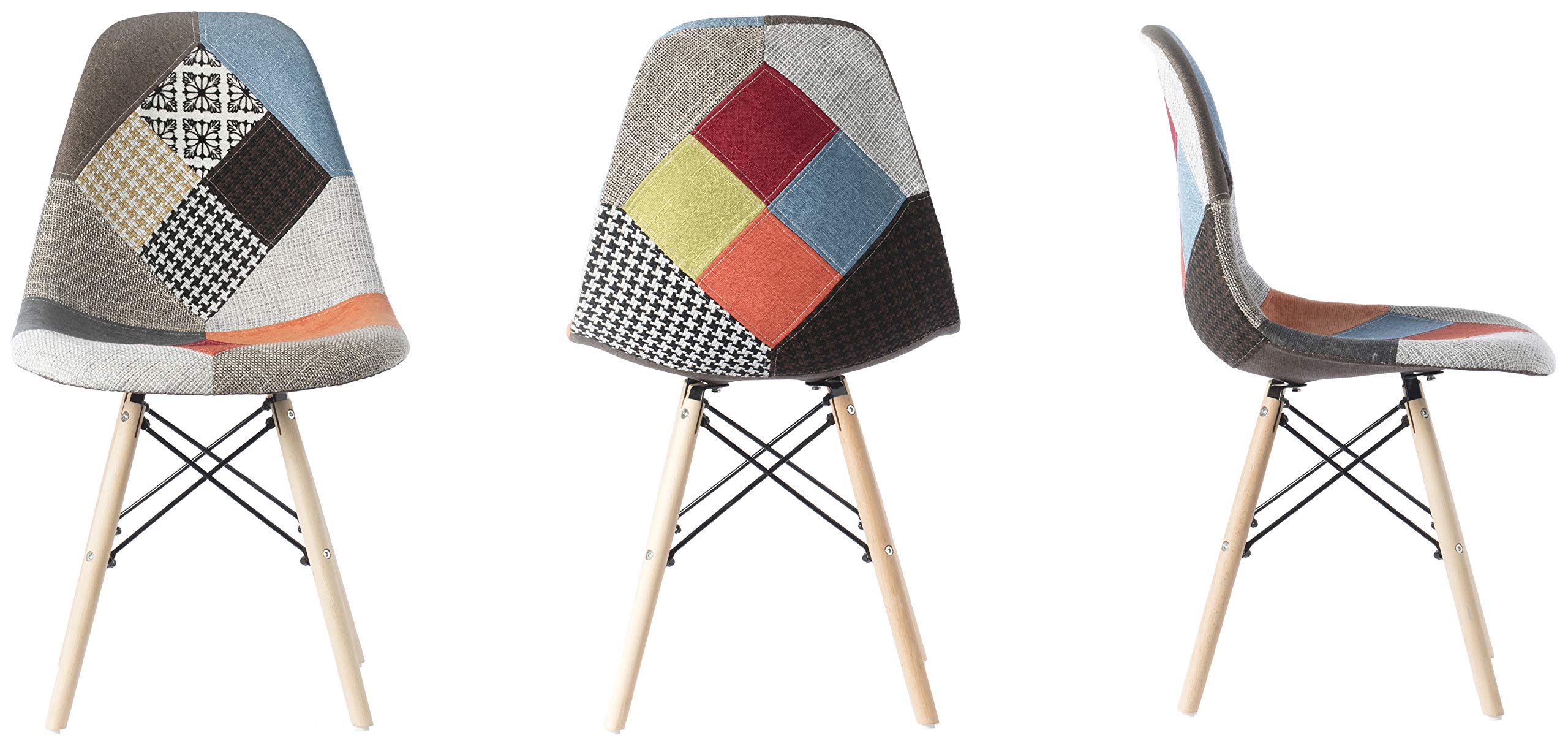 Silla de comedor moderna de mediados de siglo tapizada de plástico multicolor Patchwork DSW Shell con patas Eiffel de clavija de madera 4