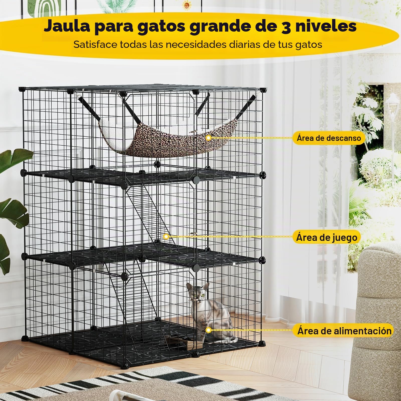 FANTASK Jaula de Alambre de Metal de 3 Pisos para Gatos, 74 x 74 cm, con Hamaca, Escaleras y Puertas