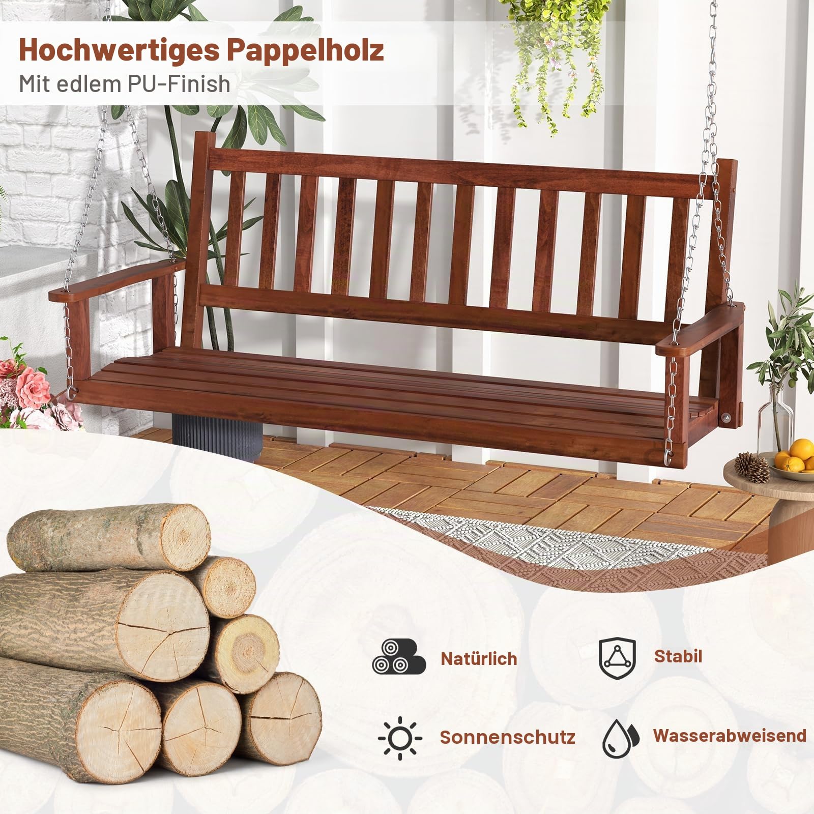 GIANTEX Hängeschaukel aus Holz, für 2/3 Personen, mit verstellbaren und robusten verzinkten Metallketten, mit Rückenlehne aus Latten und Sitz für Terrasse, Garten (168 x 65 x 63 cm, Braun)