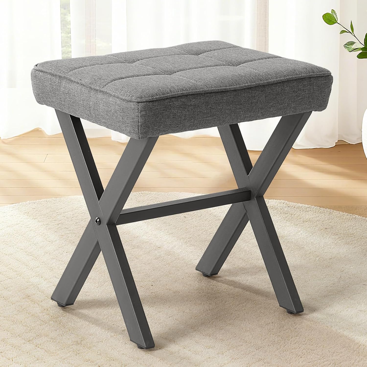 Sweetcrispy Vanity Stool Ottoman, Square Linen Makeup Stool Metal X Legs, Small Footstool Chair for Vanity, Modern Padded Seat Foot Rest for Makeup Room, Bathroom,Living Room, Entryway, Gray