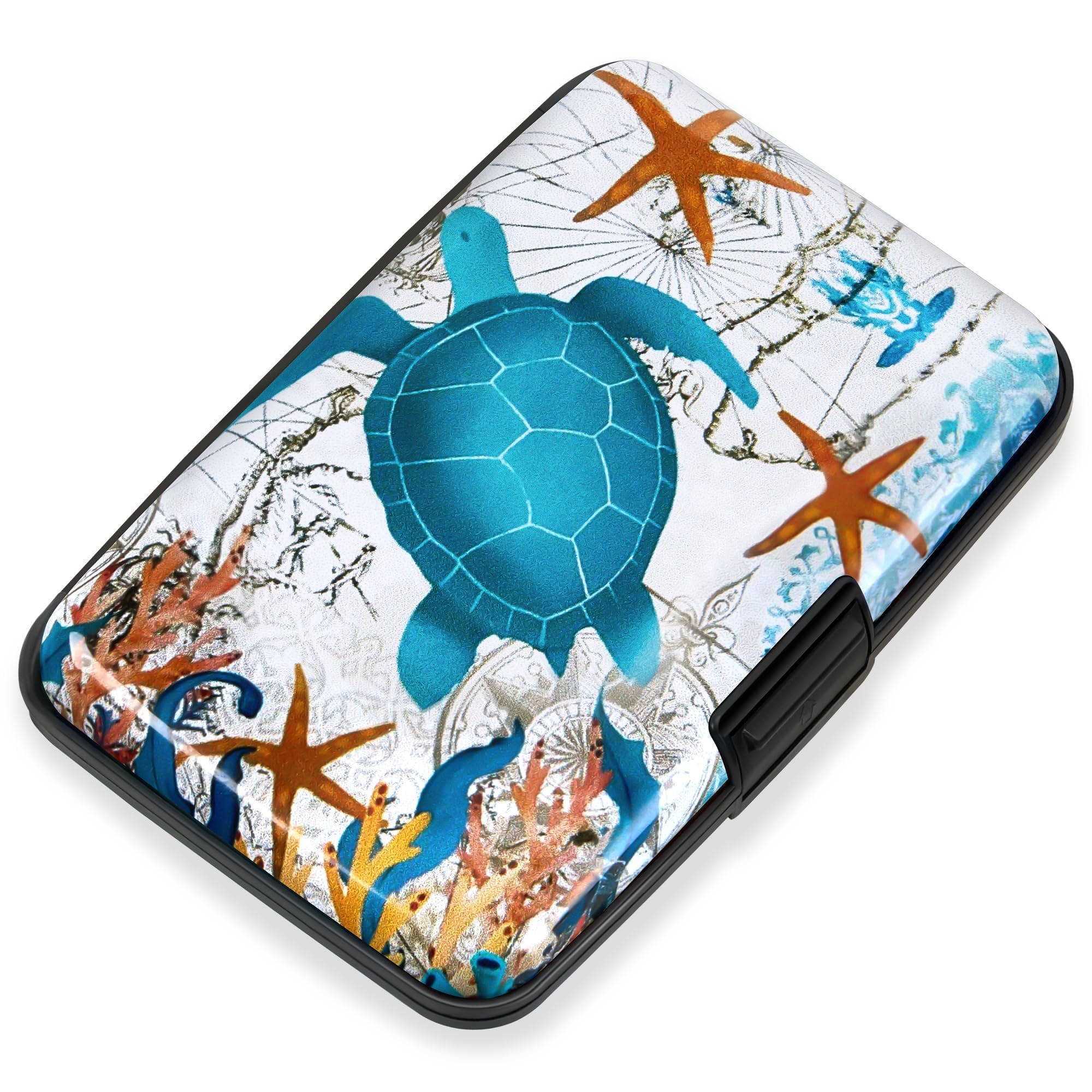 Mayski Credit Card Holder, RFID Blocking, Aluminum Alloy Hard Case, Small Mini Business Metal Wallet for Women Men, Sea Turtle