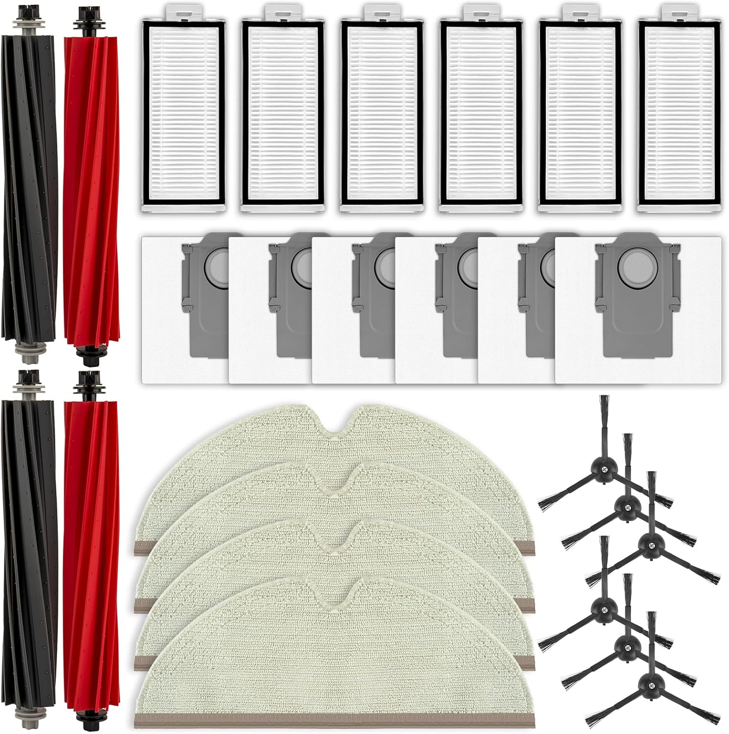 (26 Pack) Q5 Pro Plus Replacement Parts Accessories for Roborock Q5 Pro Plus, Q5 Pro+, Q8 Max, Q8 Max+ Robot Vacuum, 4 Roller Brushes, 6 HEPA Filters, 6 Side Brushes, 6 Dust bags, 4 Mop Pads