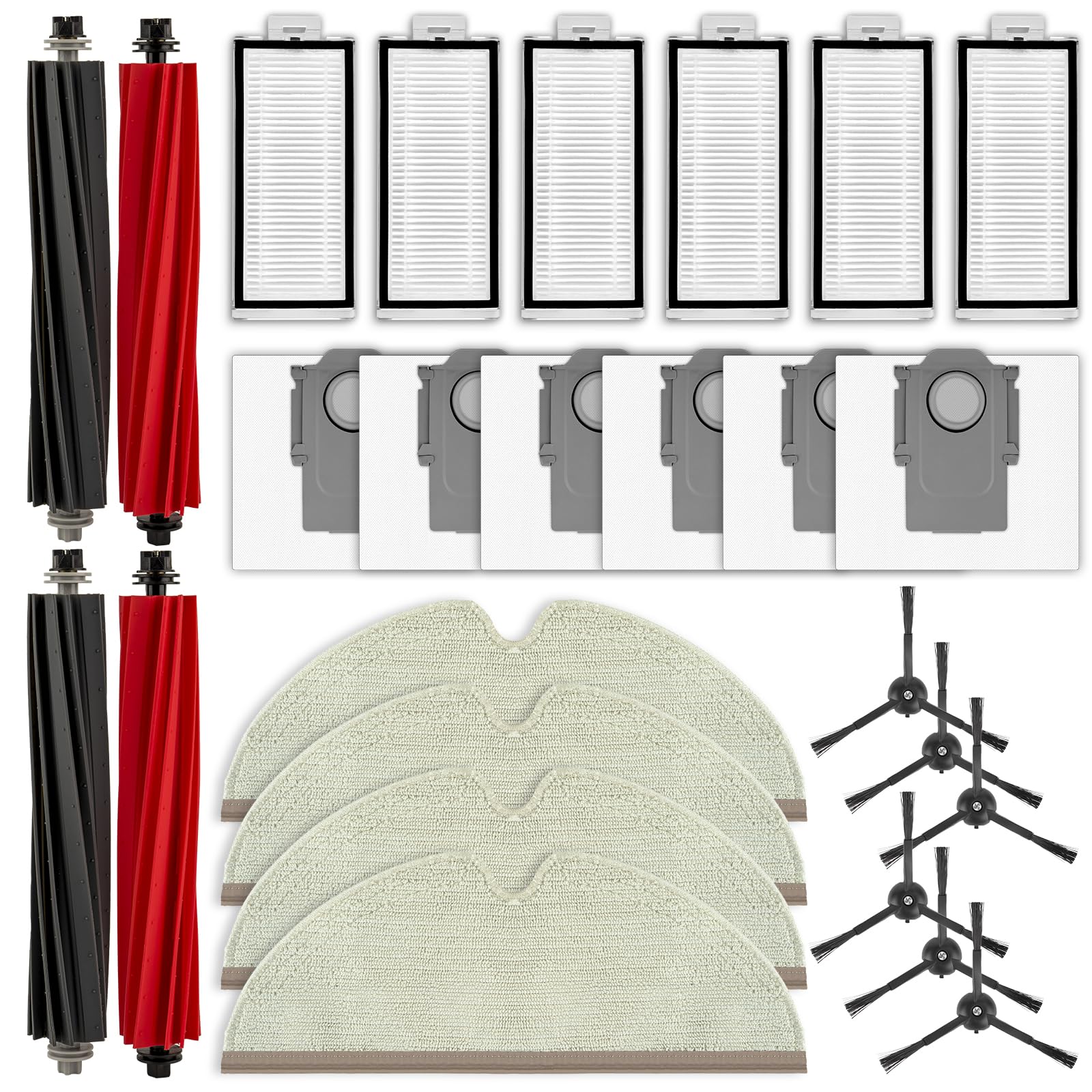 Photo 1 of (26 Pack) Q5 Pro Plus Replacement Parts Accessories for Roborock Q5 Pro Plus, Q5 Pro+, Q8 Max, Q8 Max+ Robot Vacuum, 4 Roller Brushes, 6 HEPA Filters, 6 Side Brushes, 6 Dust bags, 4 Mop Pads