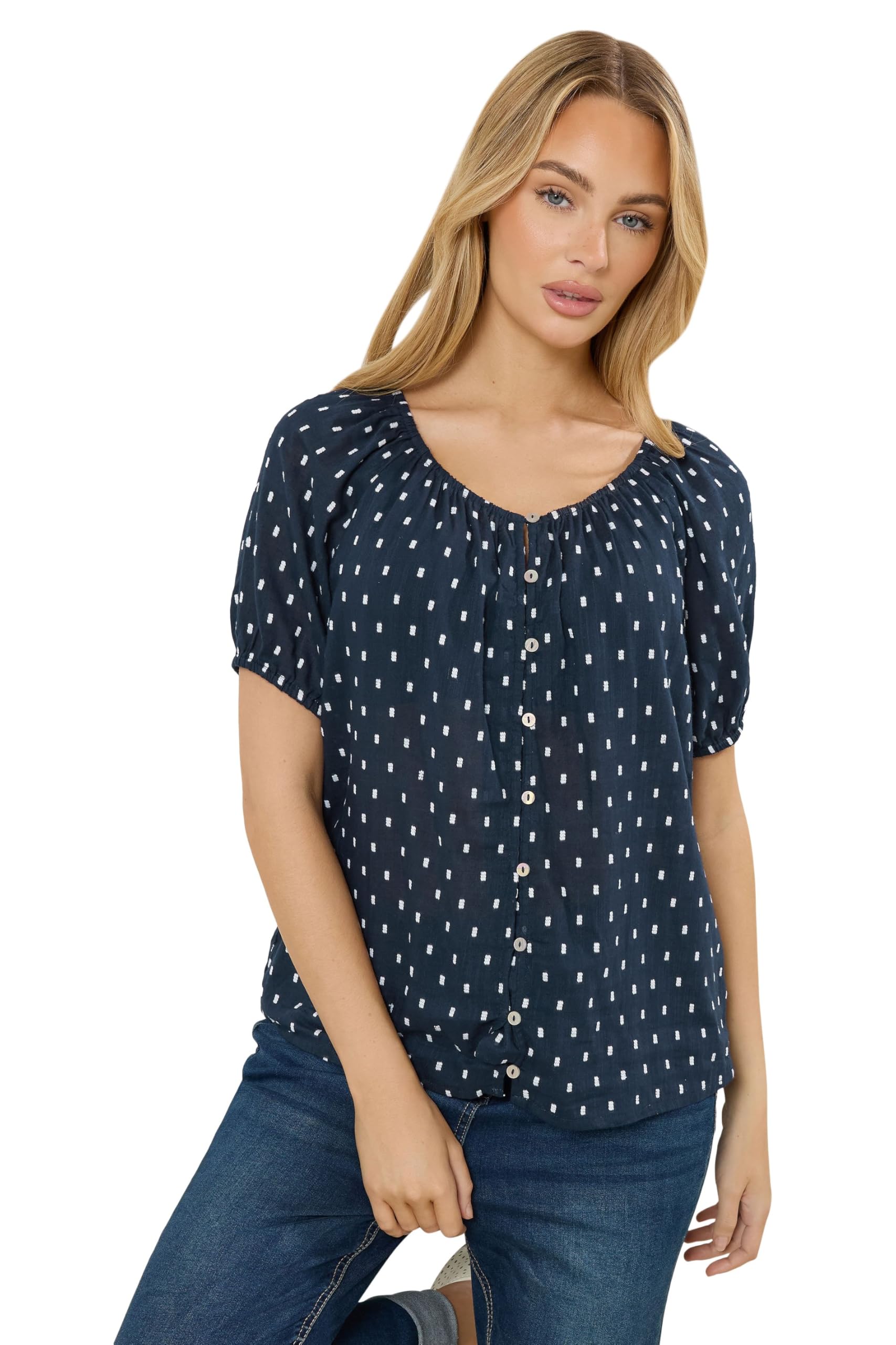 M&Co Blue Dobby Button Up Cotton Blouse - Women's