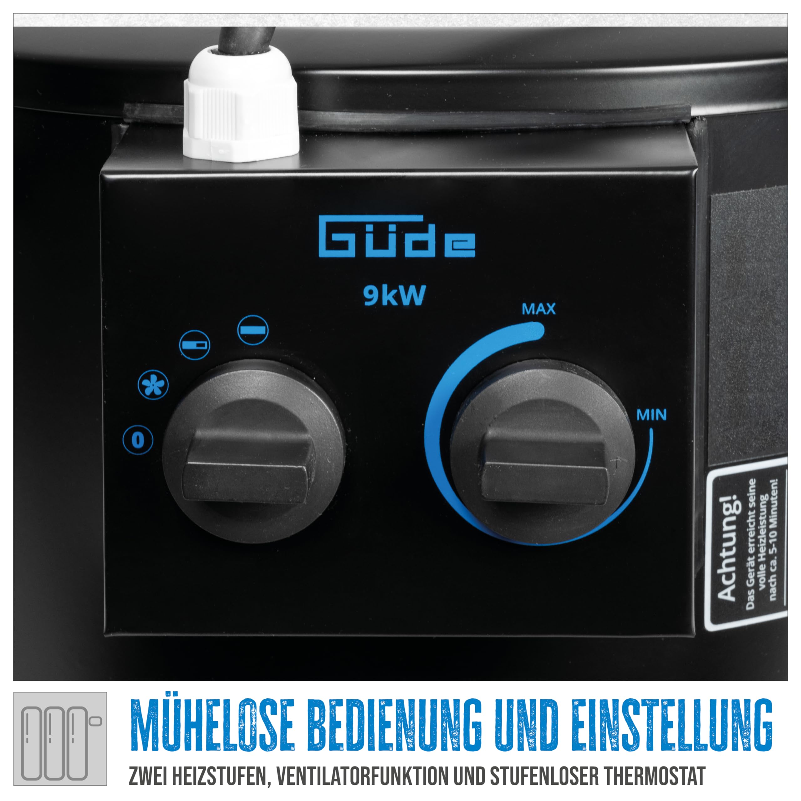 Güde Elektroheizer GH 9 E (9 kW, 2 Heizstufen 4,5/9 kW, Ventilatorfunktion, Gebläseleistung 742 m³/h, Neigungs- und Ausblaswinkel, Überhitzungsschutz, Kippschutz, stufenloser Thermostat)