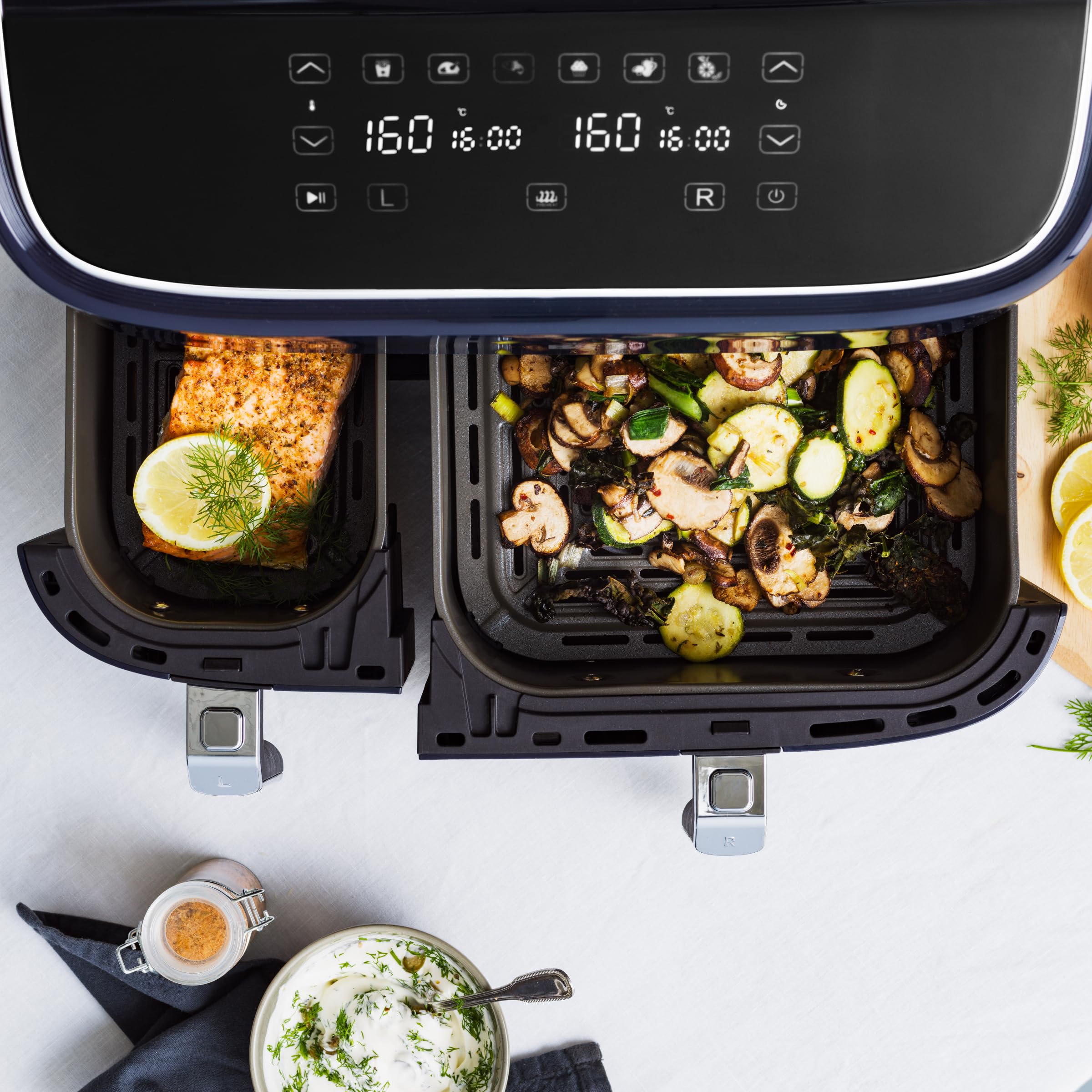 BK Supreme XXXL - Friggitrice ad aria calda doppia, 9 l (3 l + 6 l), 2 cestelli di cottura, 6 programmi automatici, funzione Sync, rivestimento antiaderente in ceramica senza PFAS e lavabile in