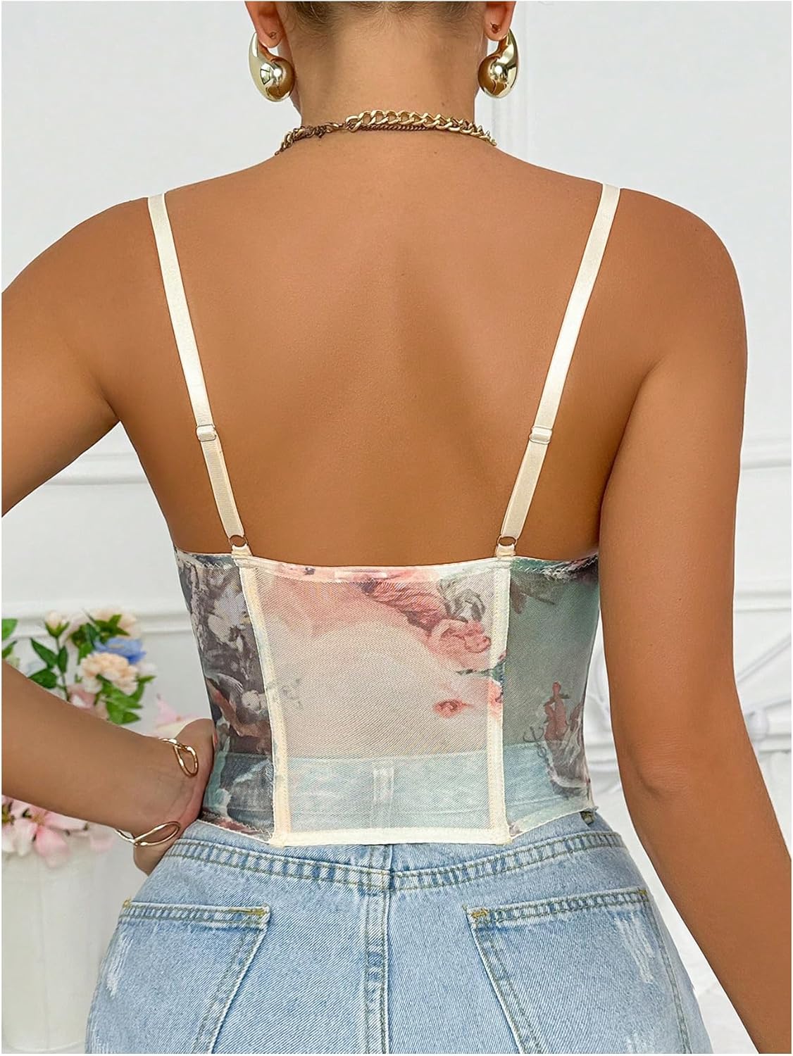 OYOANGLE Women's Graphic Print Boned Lace Up Bustiers Spaghetti Strap Renaissance Vintage Corset - Image 2
