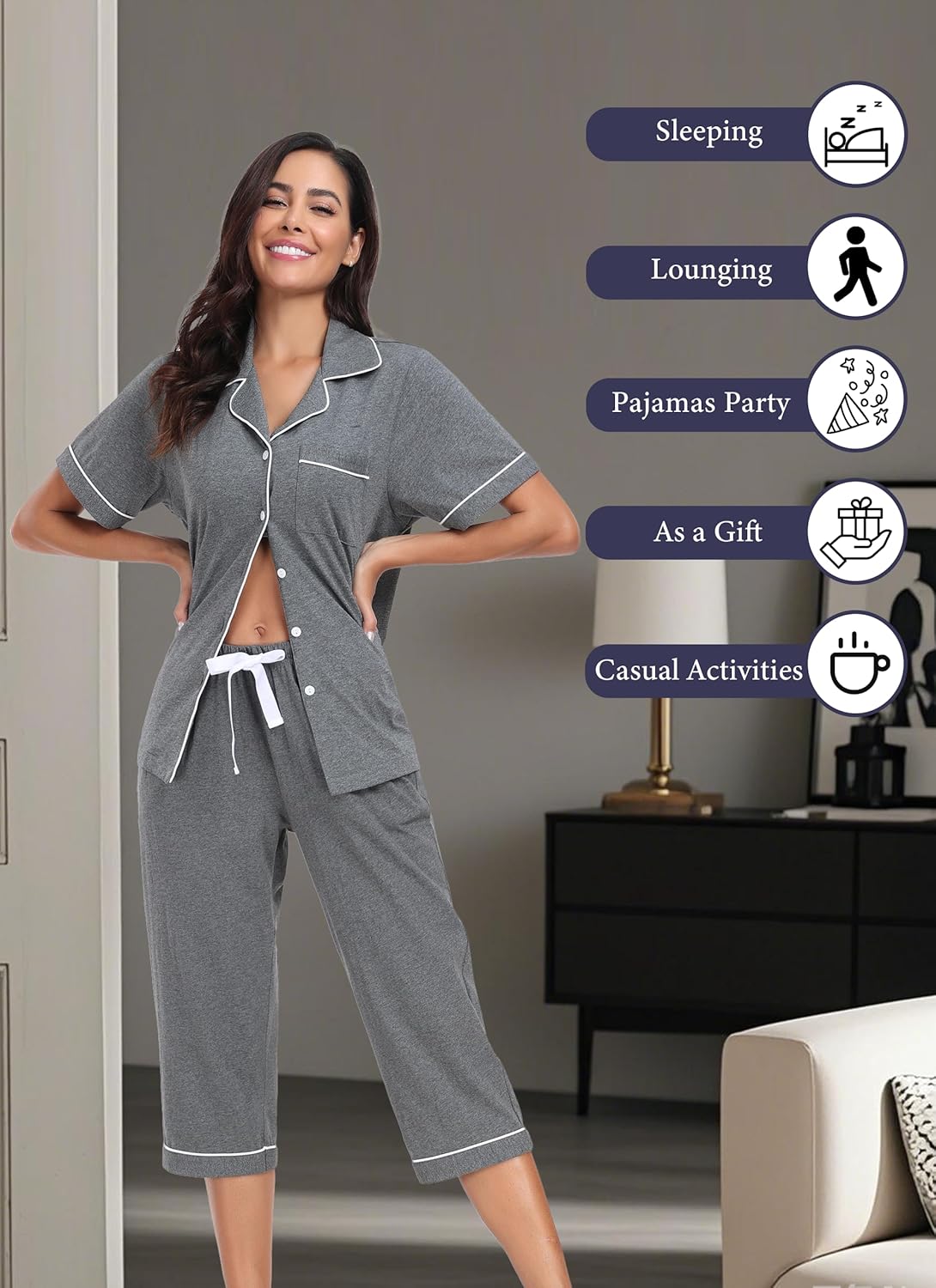 EA'S SECRET 100% Cotton Pajamas for Women Set Short Sleeve Button Down Sleepwear Capri Nightwear Pjs Loungewear - Image 5