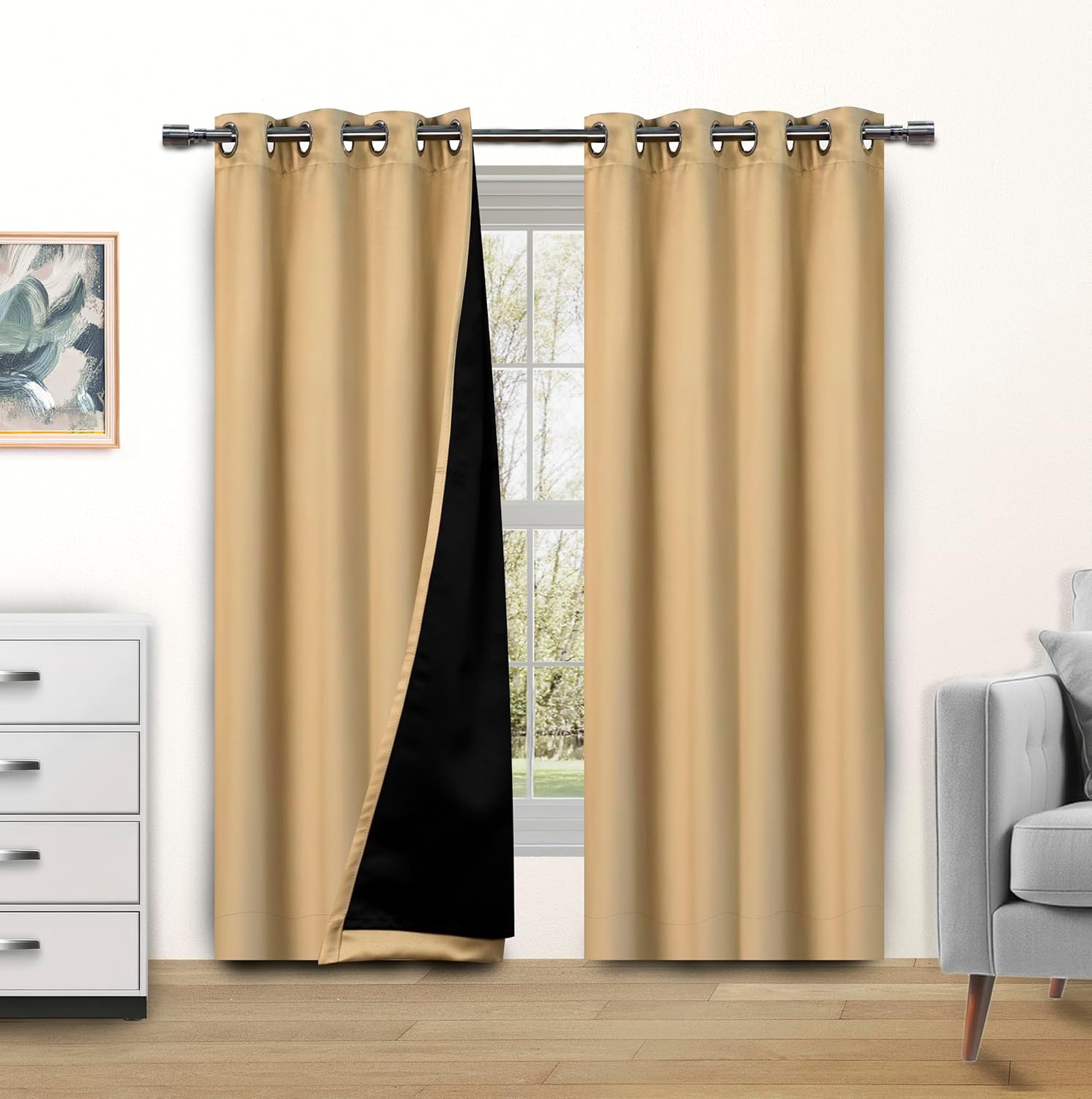 Blackout Curtains for Bedroom and Living Room, Bedroom Decor, Black Liner for 100% Blackout, Thermal Insulated, Built with Stainless Steel Grommet, Easy Installation, Grey, 42x63