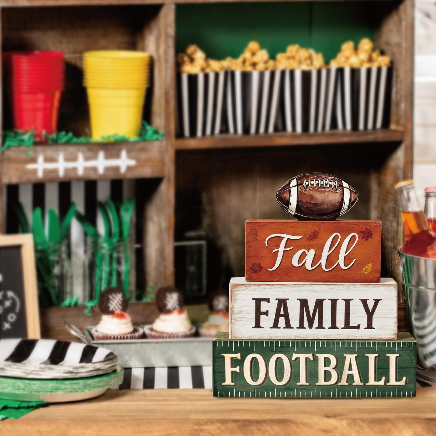 4 Pcs Football Decor, Wooden Autumn Fall Decorations for Home