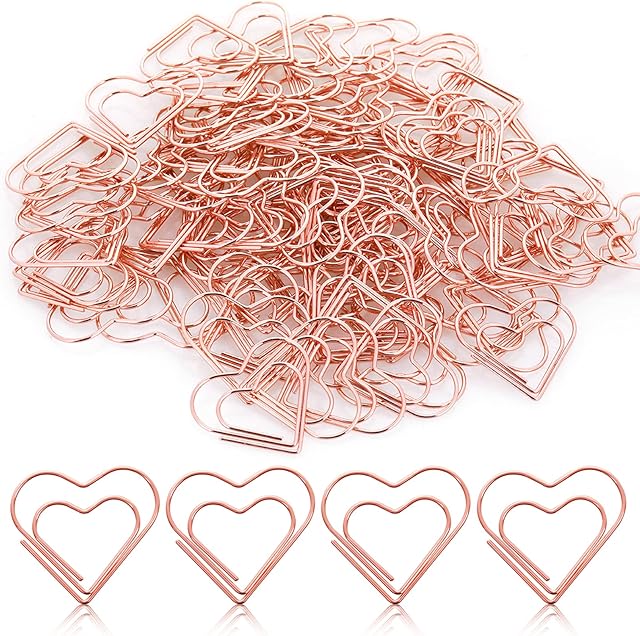100 Pcs Small Paper Clips Rose Gold Heart Paper Clip for Funny Heart Clips Kids Office Supplies Wedding Decoration Crafts Scrapbooking Women Document Note Sorting Organizing Paper Clamps