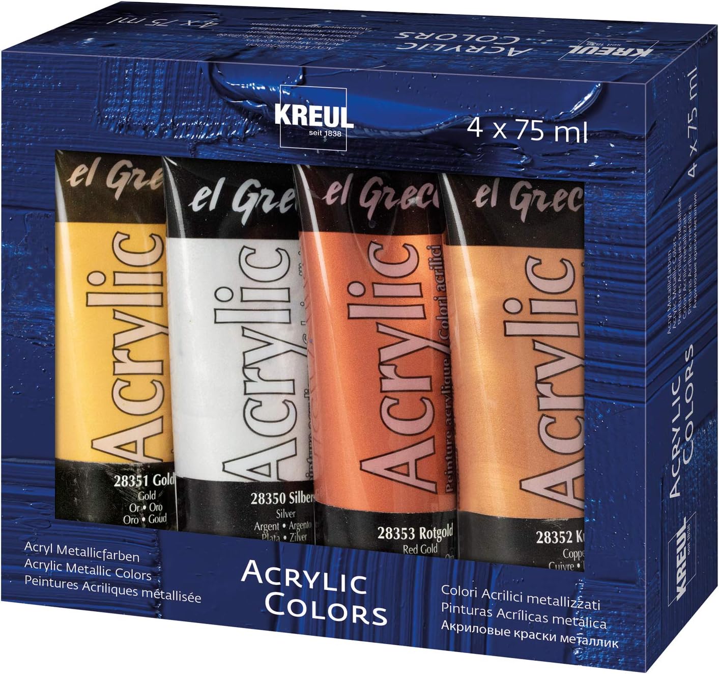 Kreul El Greco Metallic Colours, Highly Pigmented Acrylic Paint in Study Quality, Set of 4, Silver, Rose Gold and Copper, Water Based, One Size