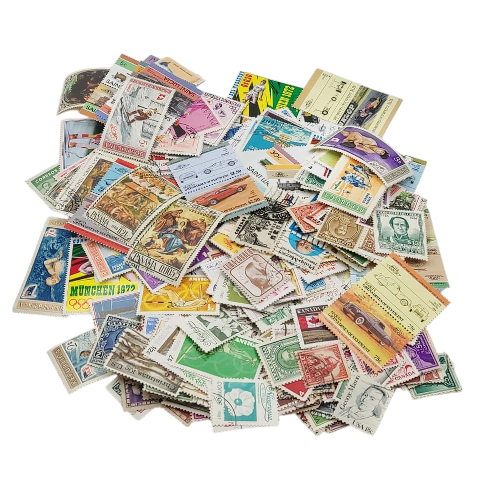 IMPACTO COLECCIONABLES Kolekcja 500 amerykańskich znaczków z dołączonym albumem (14 x 18 x 1,0 cm) | Ulepsz swoją kolekcję filatelistyczną autentycznymi znaczkami pocztowymi w kompaktowym i eleganckim
