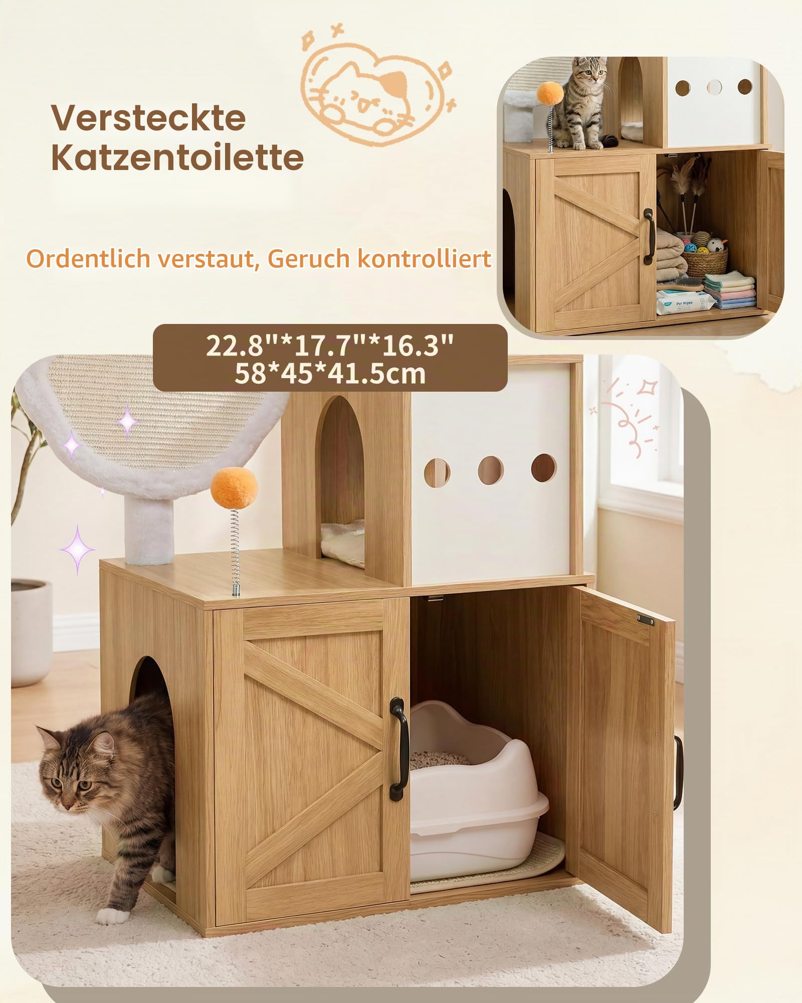 Heybly Kratzbaum mit Katzentoilette Versteck, 162 cm Katzenbaum für Wohnungskatzen, moderner Katzenkratzbaum aus Holz mit Katzenhaus, Liegeflächen, Kratzbrett, Spielzeug, Eiche Weiß HCT105BT