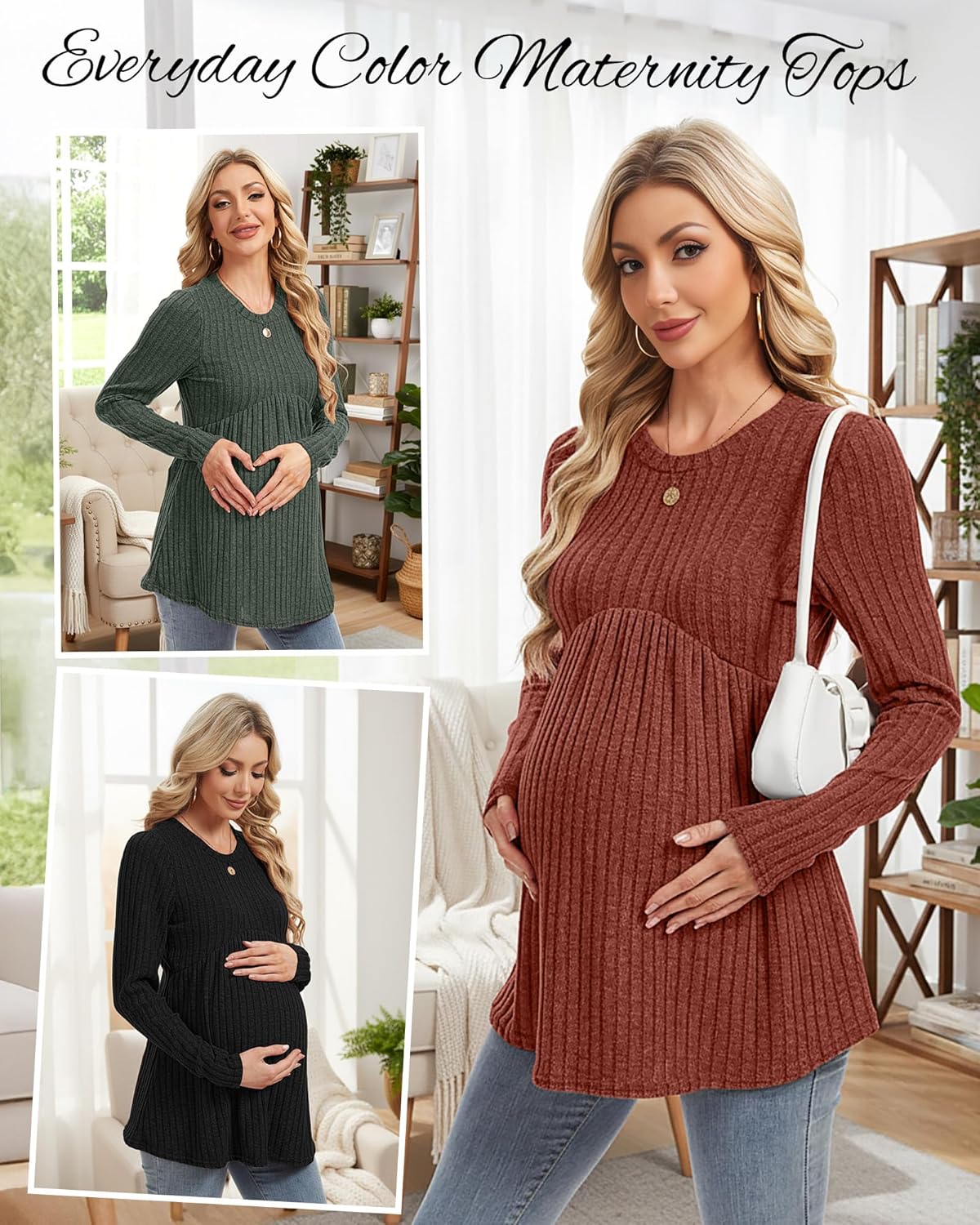 3 Pack Women's Maternity Shirts Ribbed Long Sleeve Pregnancy Tops Crew Neck Maternity Sweaters Pregnant Clothes - Image 5