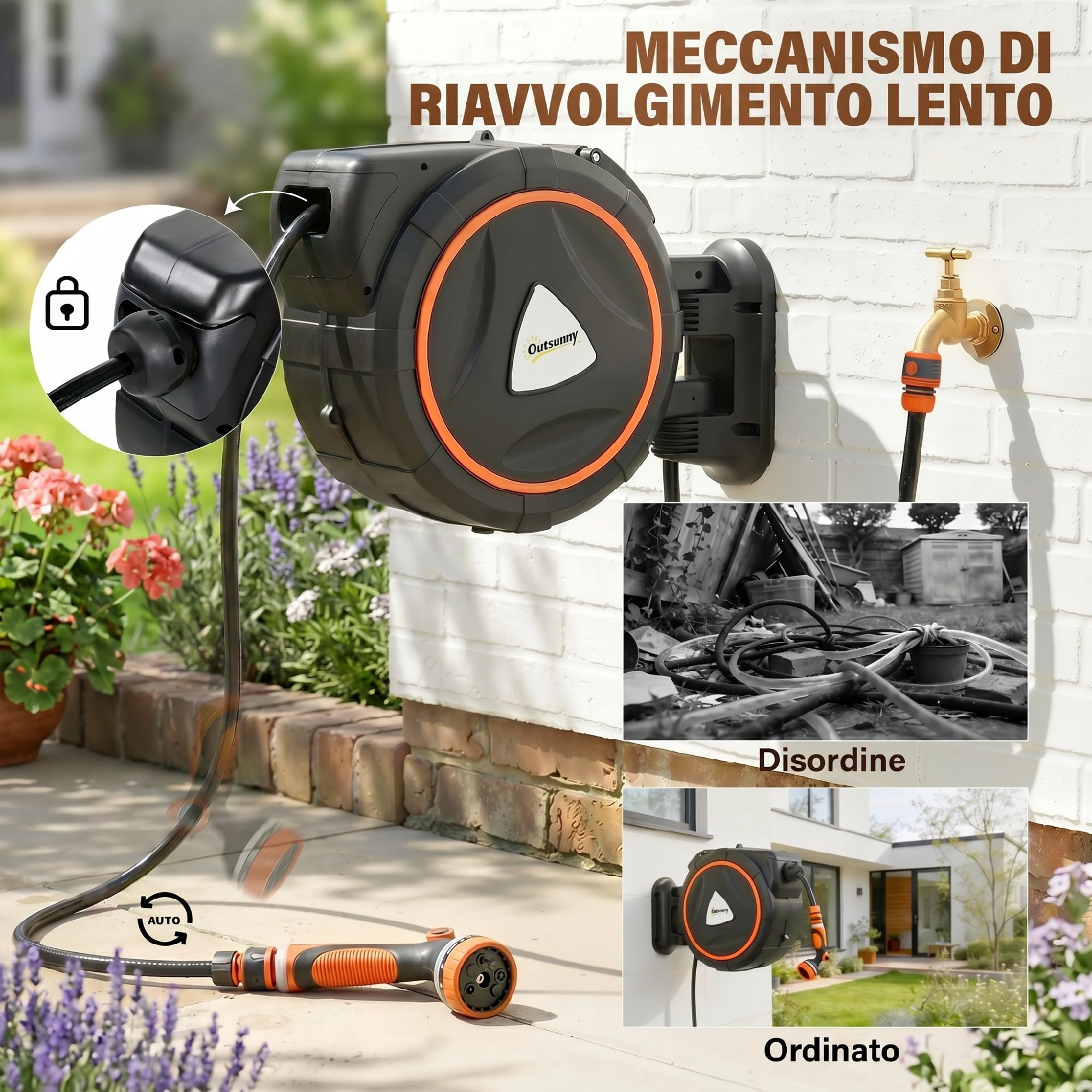Outsunny Avvolgitubo da Giardino Retrattile con Tubo dell'Acqua 28+2 m, Avvolgitubo da Parete Girevole Automatico a 180° con Sistema di Bloccaggio e 12 Ugelli, Avvolgitore per Irrigazione, Arancione