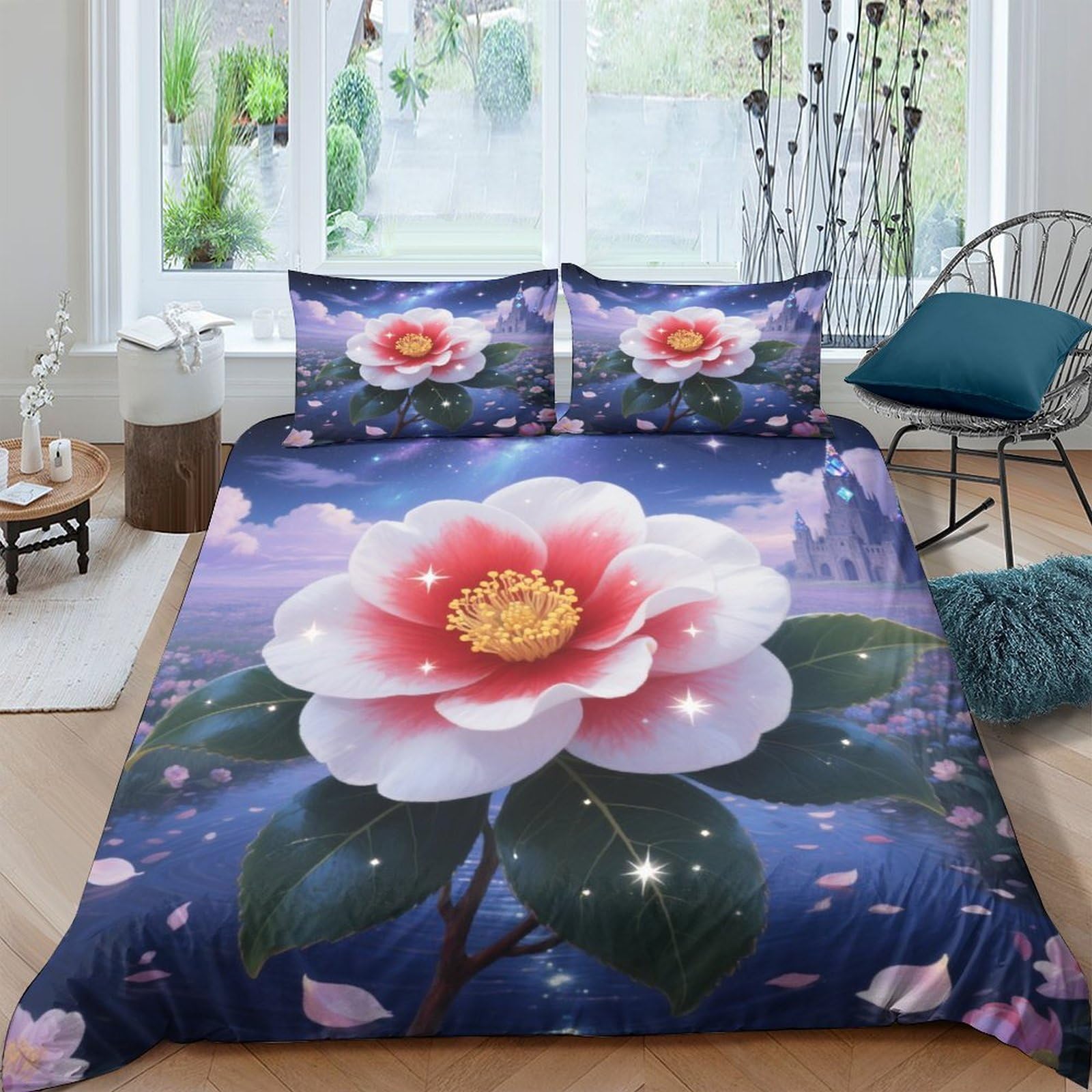 Housse de couette Camélia imprimée 3D literie microfibre douce lit double