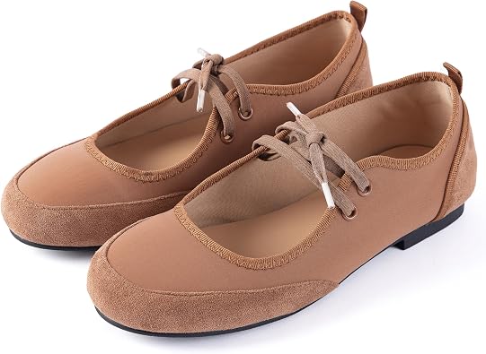 Womens Suede Lace-Up Ballet Flats with Cutouts - Light Mocha or Taupe Brown, Round Toe, Adjustable Laces, US 5-10 M Width