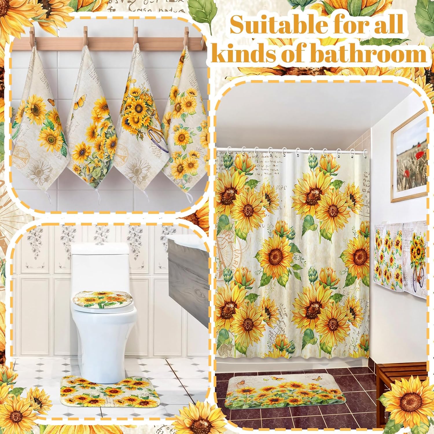 Honoson 8 Pcs Sunflower Shower Curtain Bathroom Set for Farmhouse Decor image 5