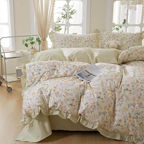 Miniatura 15 de mixinni Juego de funda de edredón floral blanca y rosa tamaño Queen para niñas, estilo jardín, 100% algodón, hojas y flores rosadas, con lazos