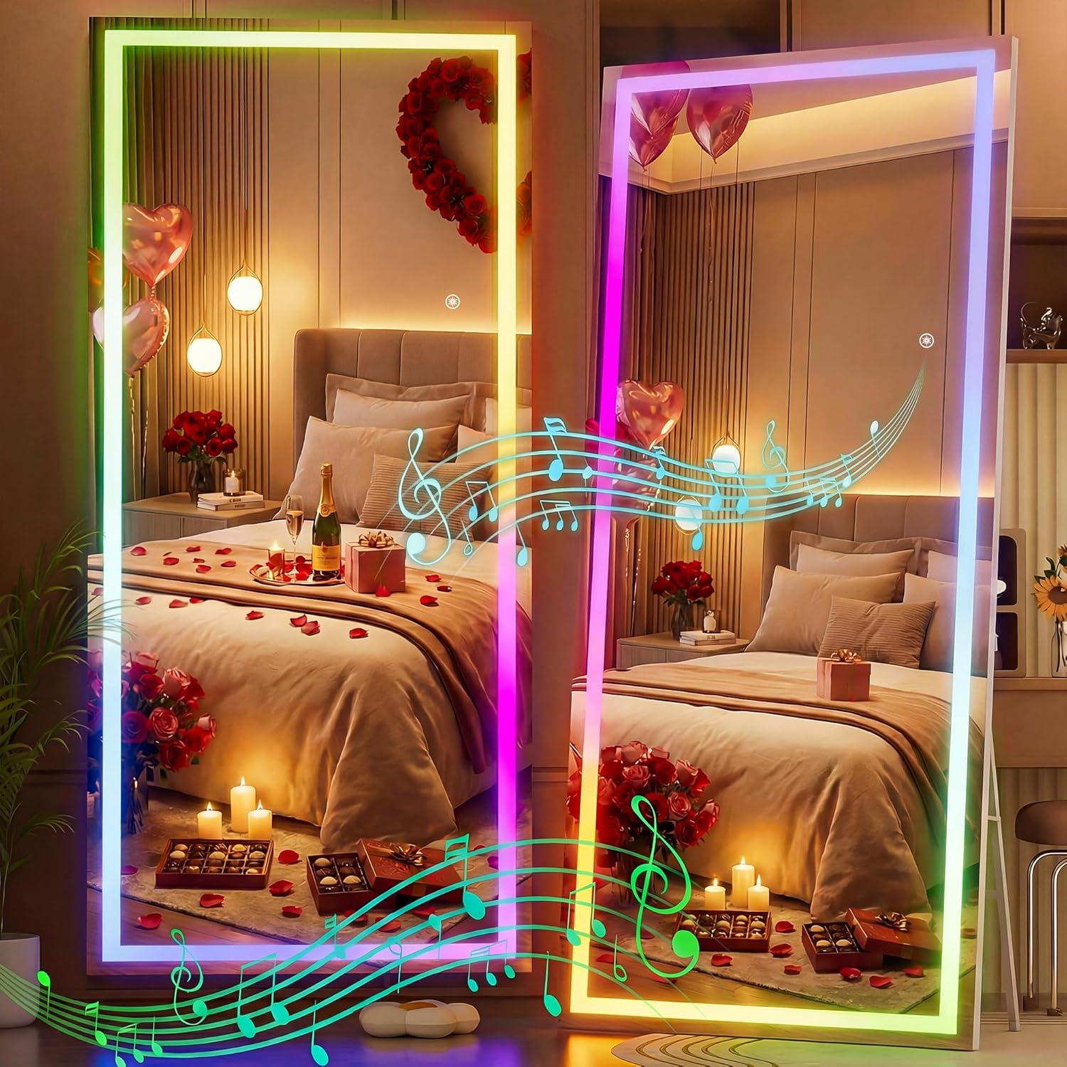 Hasipu 71"x31" LED RGB Bluetooth Full Length Mirror with Lights, Full Body Mirror with Stand, Wall Mount & Free Standing Floor Mirror for Bedroom Living Room Cloakroom, 7 Color & Brightness Adjustable