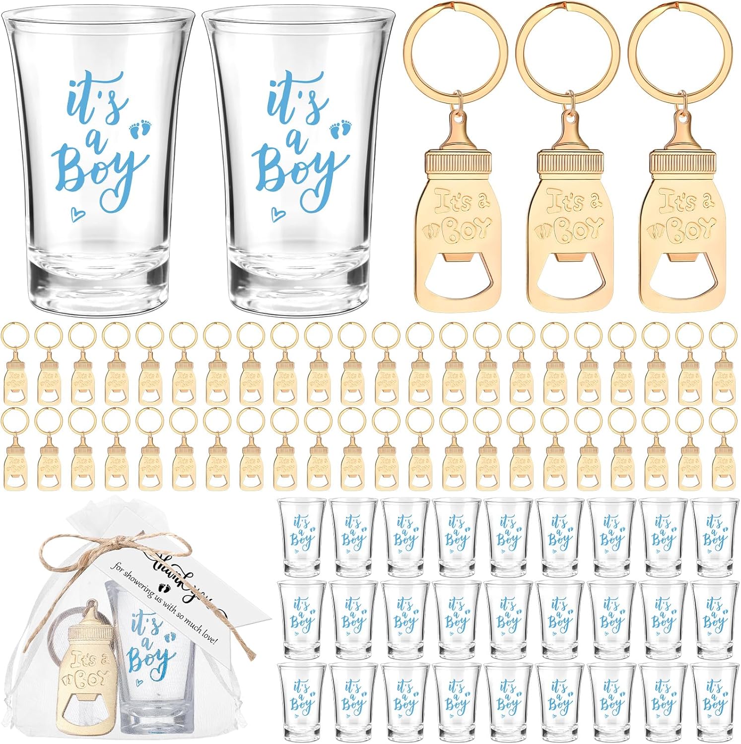 Vesici 50 Set Baby Shower Favors Acrylic Shot Glasses Gold Bottle Opener Keychains Thank You Tags and Bags for Baby Shower Party Gender Reveal Party Guests Return Gift (It's A Boy)