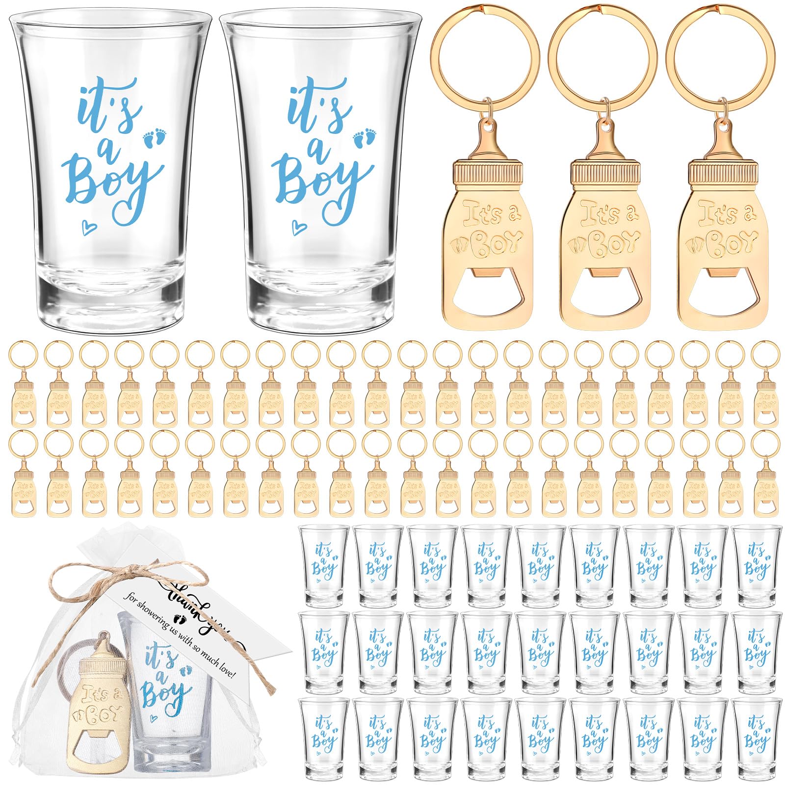 Vesici 50er-Set Babyparty-Geschenke für Mädchen und Jungen, Acryl-Schnapsgläser, goldfarben, Flaschenöffner, Schlüsselanhänger, Dankeschön-Tags und Taschen für Babyparty, Party, Geschlechtsoffenbarung