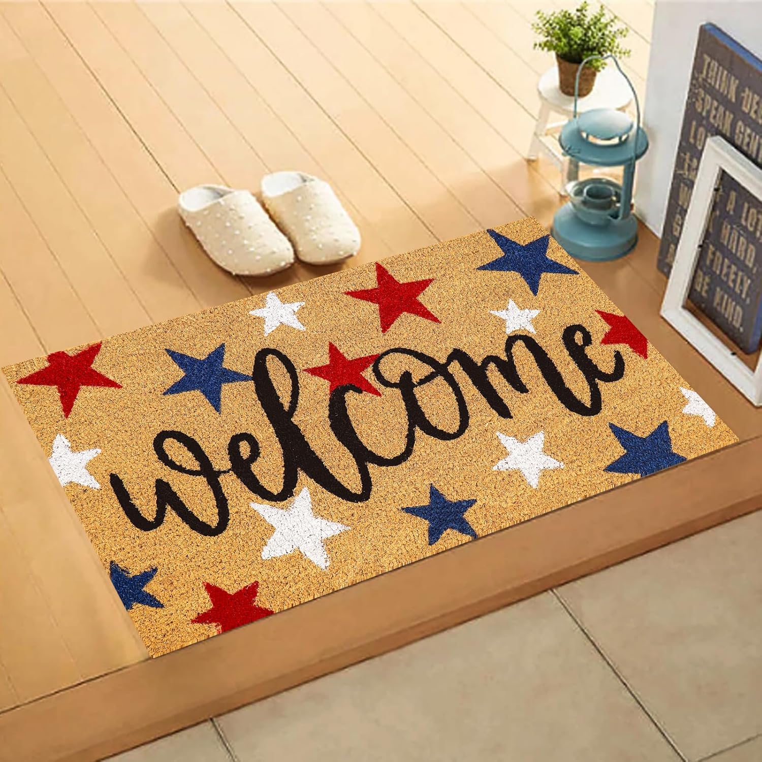 Whaline Patriotic Natural Coir Door Mat 4th of July Red Blue White Star Welcome Doormat Non-Slip Entrance Door Rugs for 250th Anniversary Independence Day Home Decor, 16.5 x 29 Inch