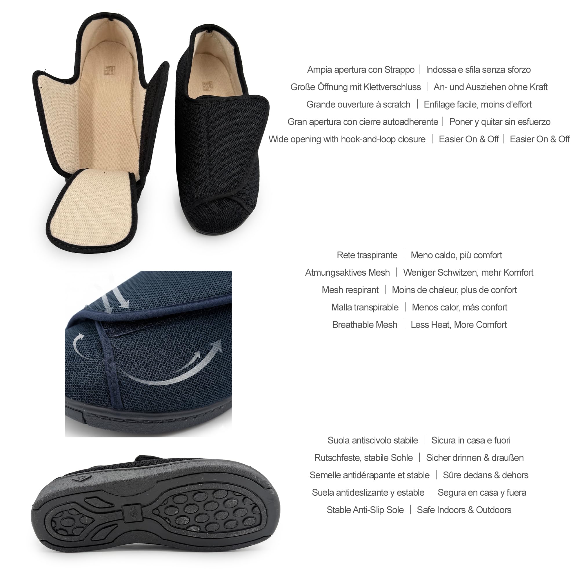 Zapatillas Casa Mujer Pantuflas Antideslizantes Cierre Autoadherente Ajustable Pies Hinchados Ancho