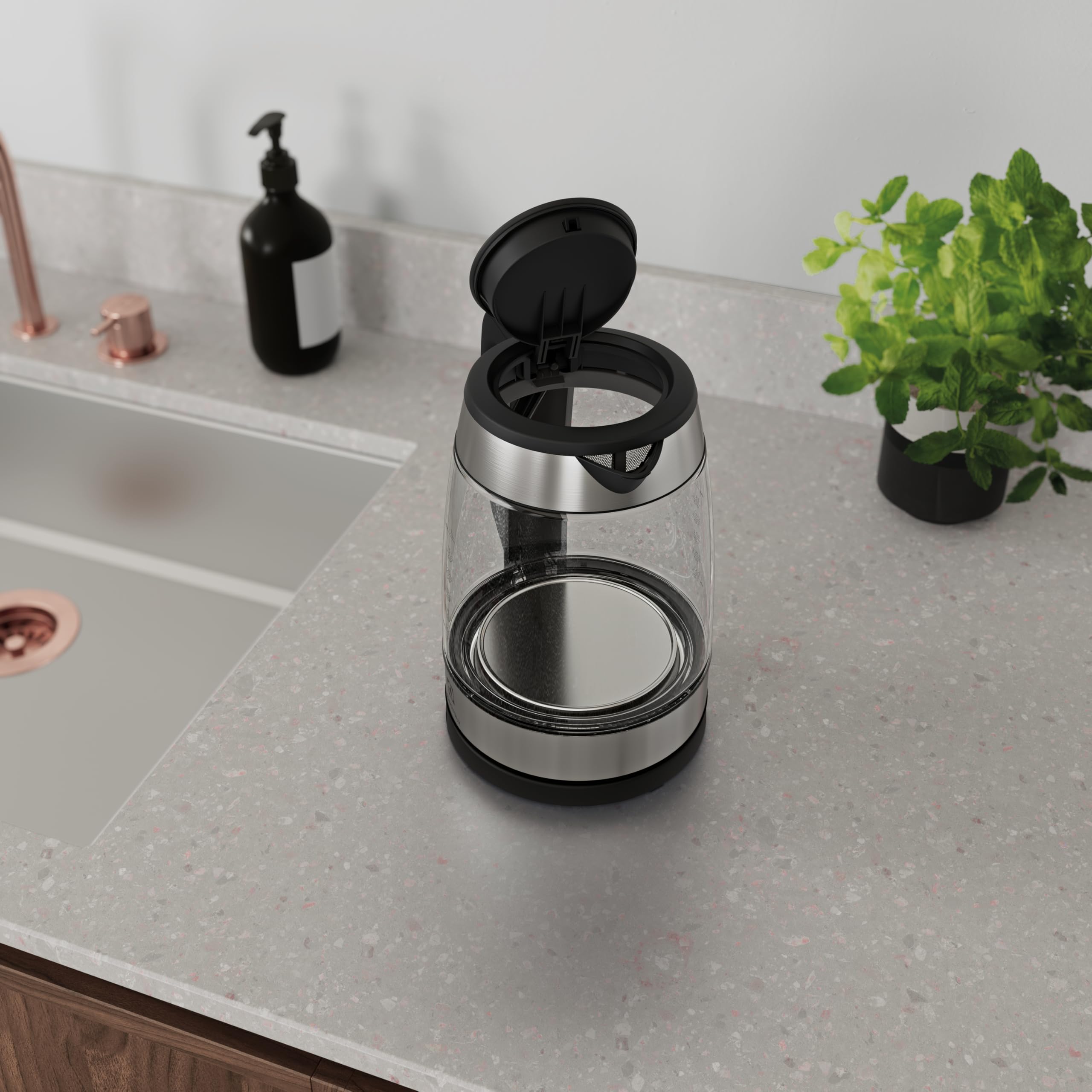 Electrolux Create 4 Hervidor eléctrico E4GK1-4GB, Diseño elegante de vidrio y acero inoxidable, calentamiento rápido, base giratoria de 360°, Jarra inalámbrica, filtro antical, 2200 W, 1,7 litros,