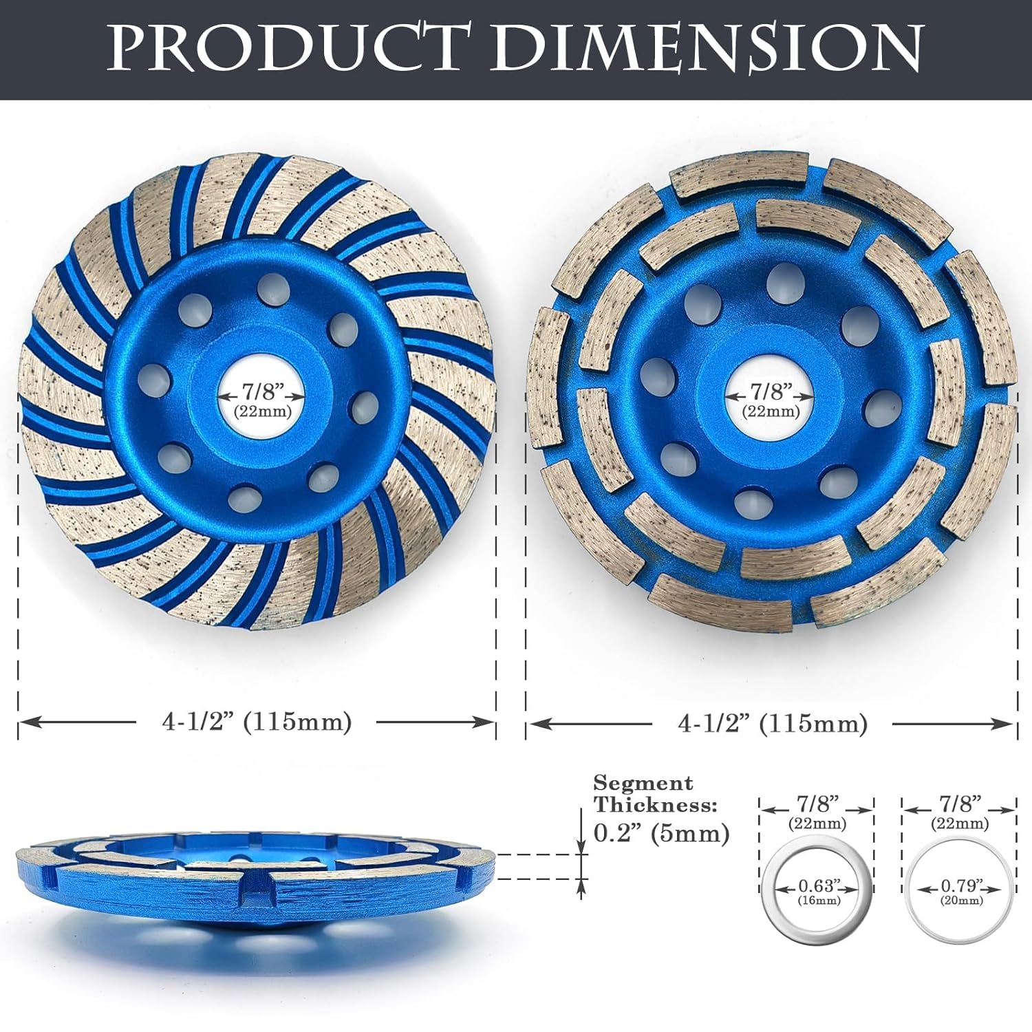2Pcs Diamond Concrete Grinding Cup Wheels 115mm 4-1/2" Set (Double Row + Turbo Row Segment), Fits 7/8" Arbor for Angle Grinder, Shaping Cleaning Concrete Masonry Marble Granite Brick