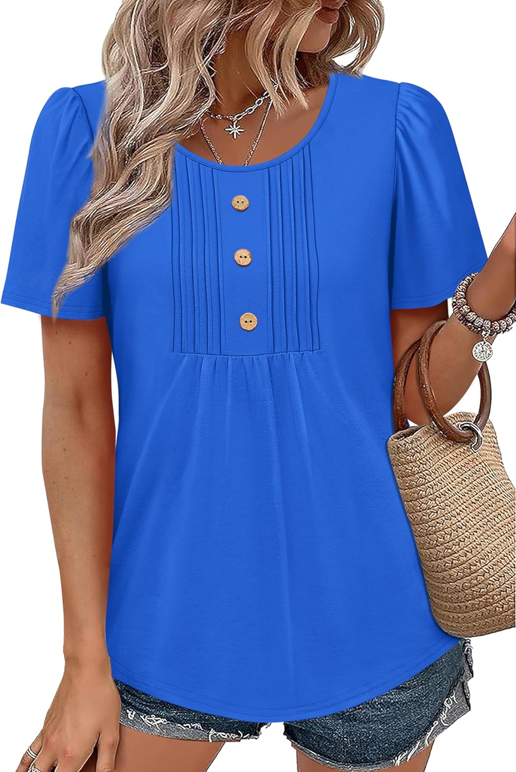 Womens Tops Dressy Casual Blouses Short Sleeve Shirts Plus Size Fashion Clothing Spring Summer Outfits Button Pleated Front - Image 2