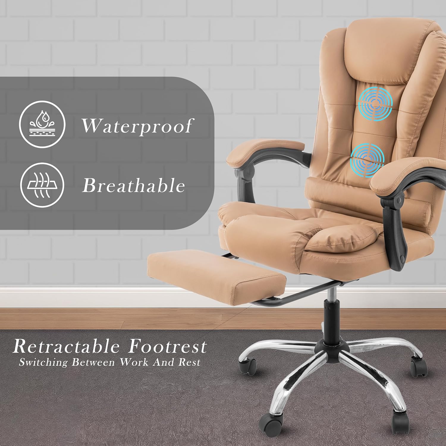 Casa Copenhagen Italia Leatherette Office Chair for Work | Boss Chair, Ergonomic Executive, Luxurious Cushioned Arms & Seat, 2 Point Back Massager, Adjustable Leg Rest, Heavy Duty Metal Base (Beige) Boss Chair with Foot Rest Beige