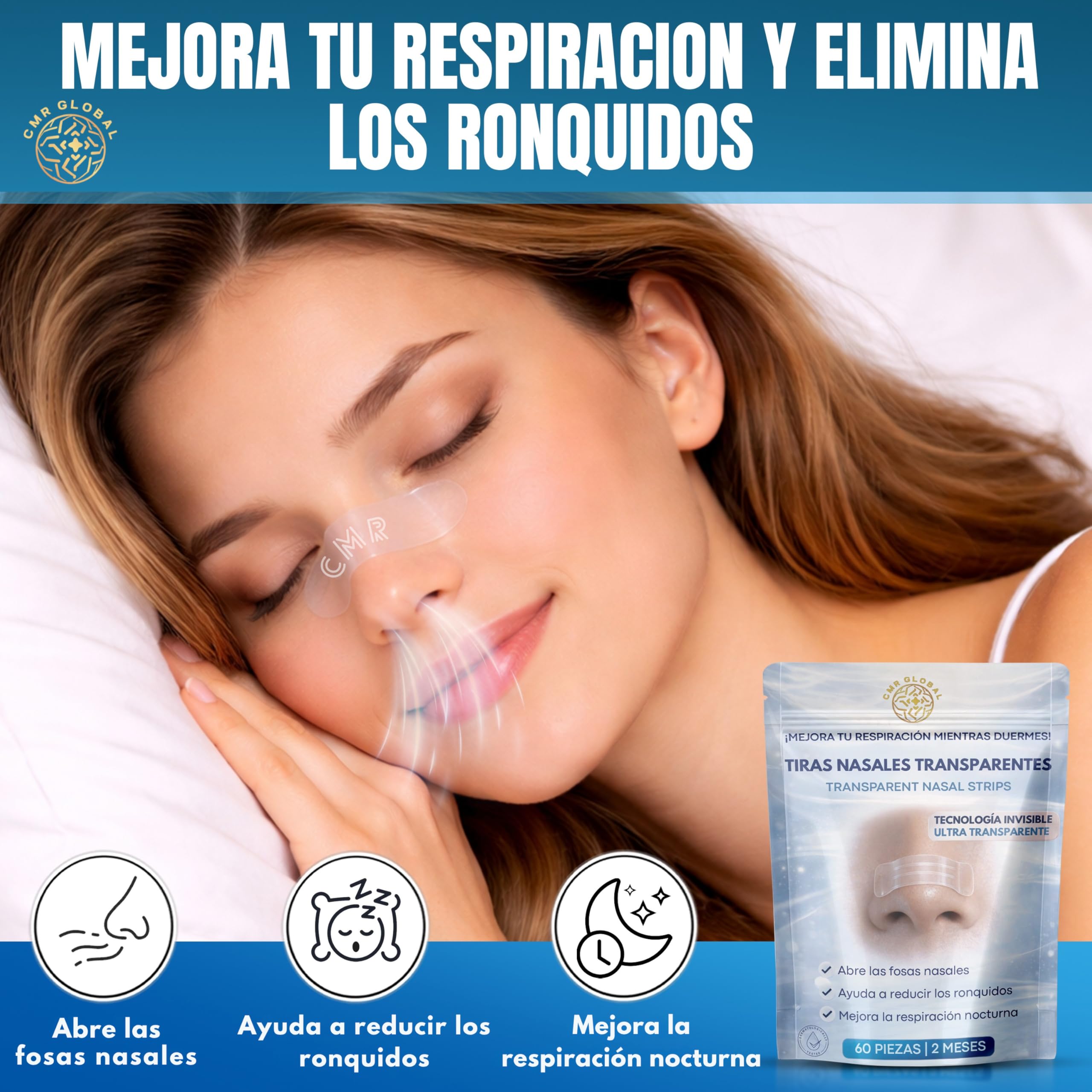 PACK PREMIUM 60 Tiras Nasales Deportivas. Tiras Nasales Antironquidos para Dormir Transparentes. Alivia la Congestión Nasal Para una Mejor Respiración. Nasal Strips Para Reducir Ronquidos Tiras Nariz