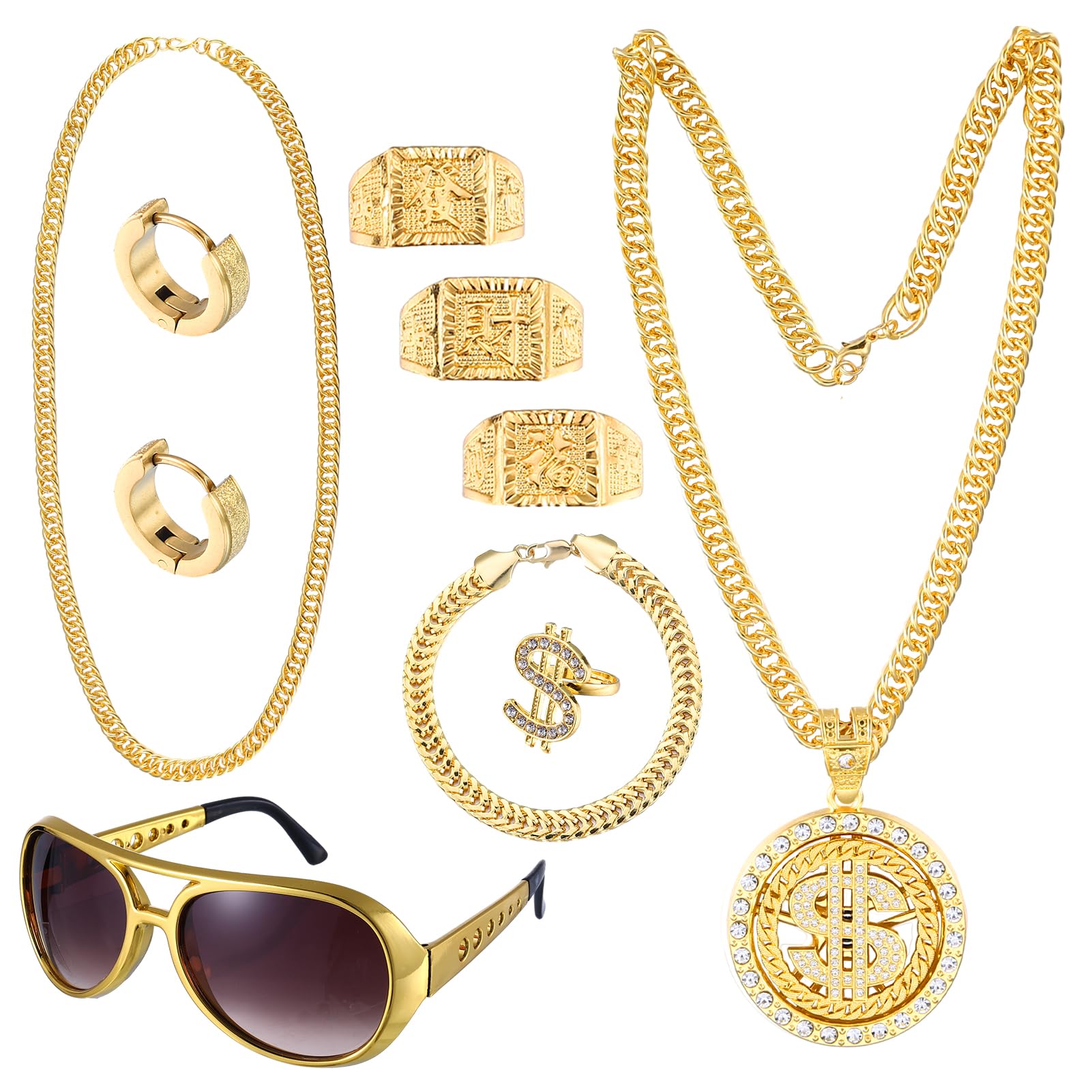 Vyuwast 8Pcs Gold Chain Fancy Dress, 80s/90s Hip Hop Fancy Dress Accessories for Women Men Kids, Hip Hop Costume Fake Gold Chain Bracelet Rings Hippie Glasses for Hippie Rapper Disco Outfit