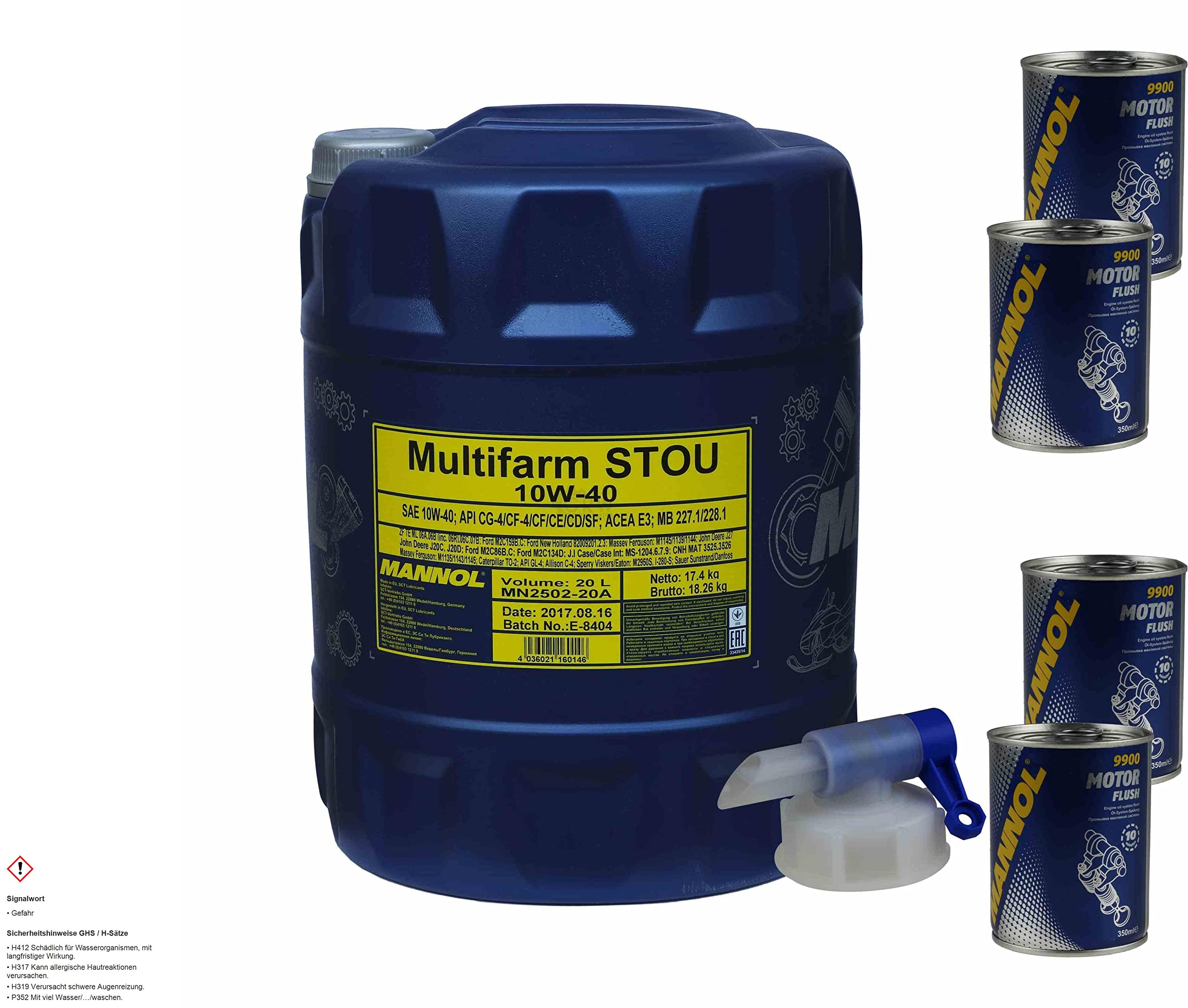 Olio per motori Mannol Multifarm STOU 10W-40 per macchine agricole 4xMotor Flush, 20 l