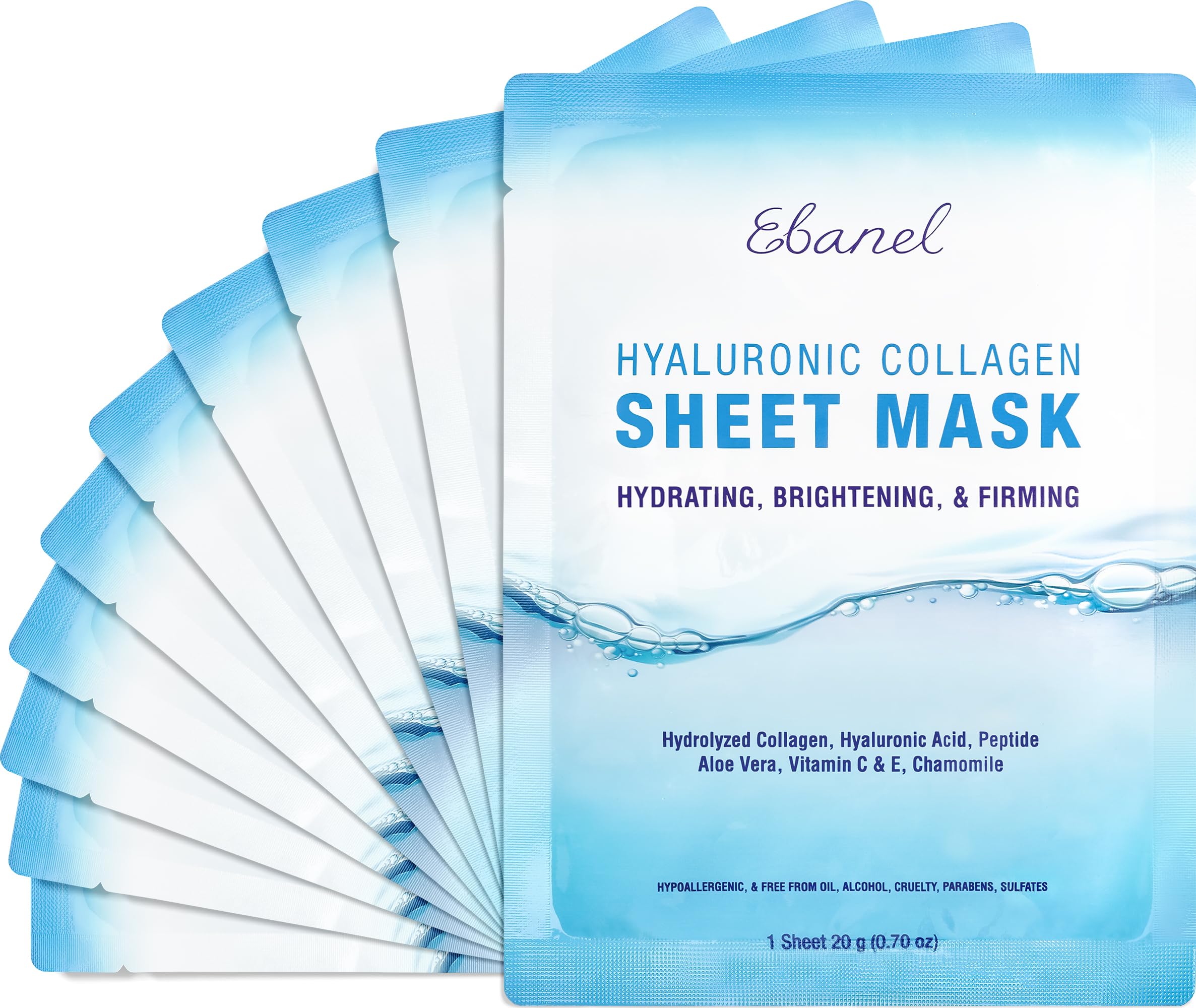 Ebanel 10 Pack Collagen Face Mask with Hyaluronic Acid, Vitamin C, Peptide, Aloe, Instant Brightening Hydrating Face Masks Skincare Korean Sheet Mask, Skin Firming, Lifting Anti Aging Facial Masks