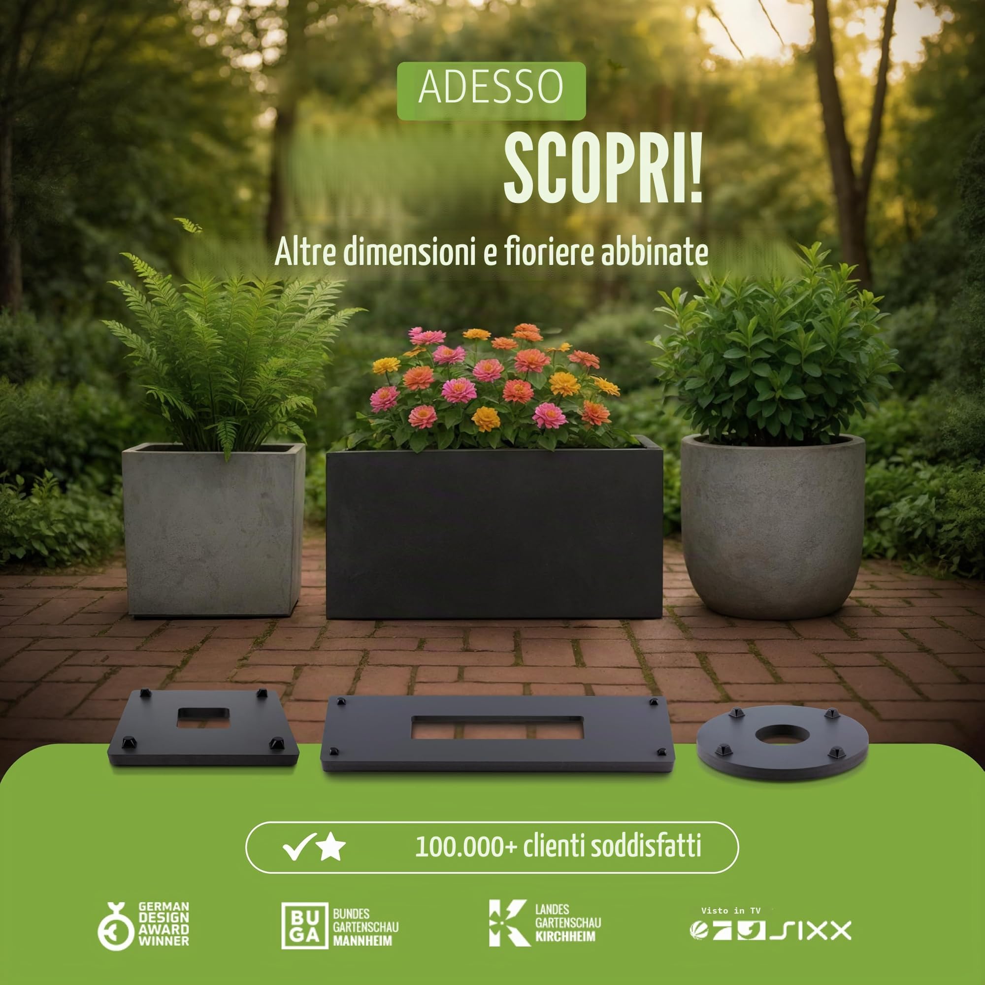 Pflanzwerk® Fioriere Porta vaso *ULTRAPIATTO Designer Sottovasi con rotelle* 80x28cm per tutti le fioriere e vasi da fiori *Design BREVETTATO* *Capacità di carico 120KG* *Made in Germany*