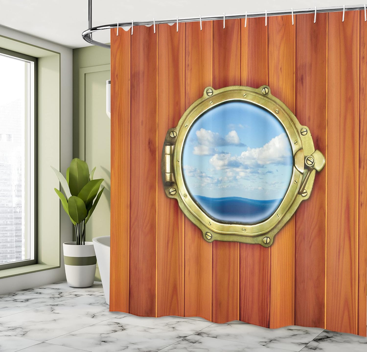 Ambesonne Nautical Shower Curtain, Porthole Wooden Background Window Ship Old Sailing Vessel Print, Cloth Fabric Bathroom Decor Set with Hooks, 69" W x 75" L, Dark Orange Pale Blue