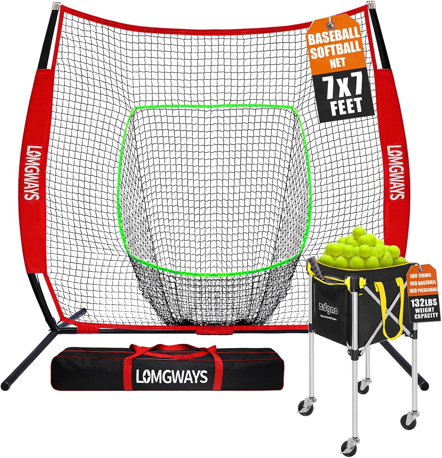 7'x7' Baseball Practice Net+Baseball/Pickleball/Tennis Ball Hopper