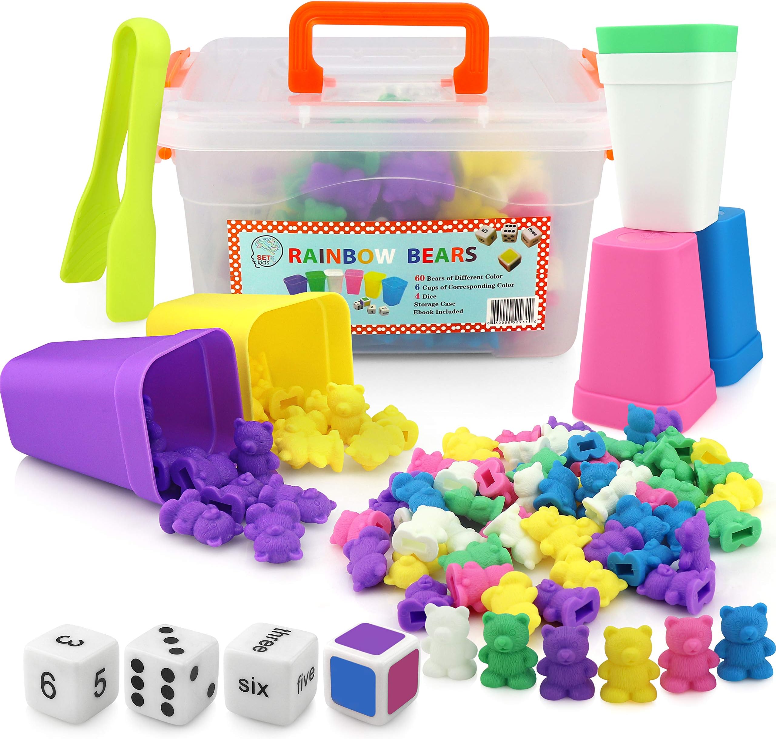 Counting Bears with Matching/Sorting Cups, 4 Dice,Tweezers and an Activity e-Book. for Toddlers and Early Childhood Education. 71 pc Game Set in Pastel Colors.