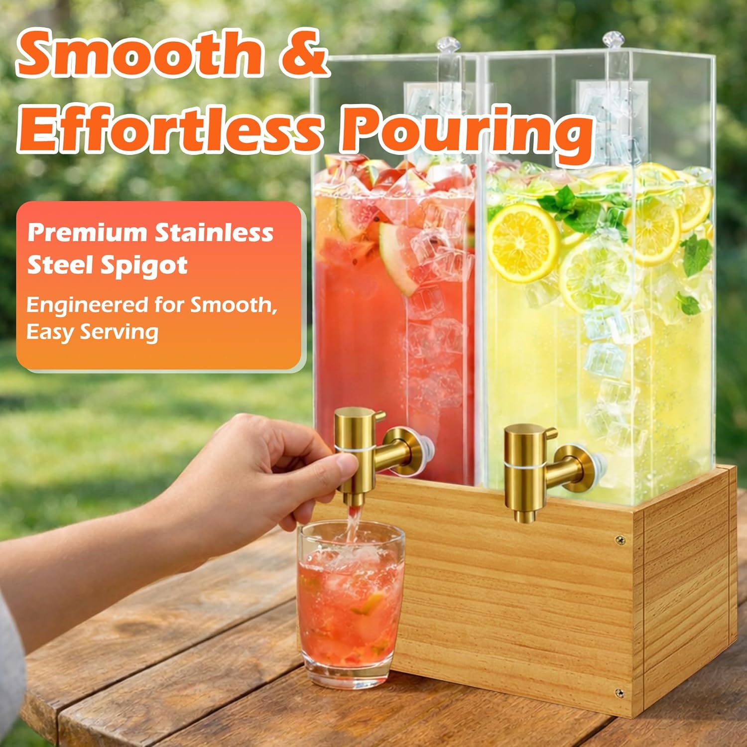 Beverage Dispenser with Stand, 4 Gallon Dual Drink Dispenser Stand, Large Drink Dispenser for Party, Wood Stand