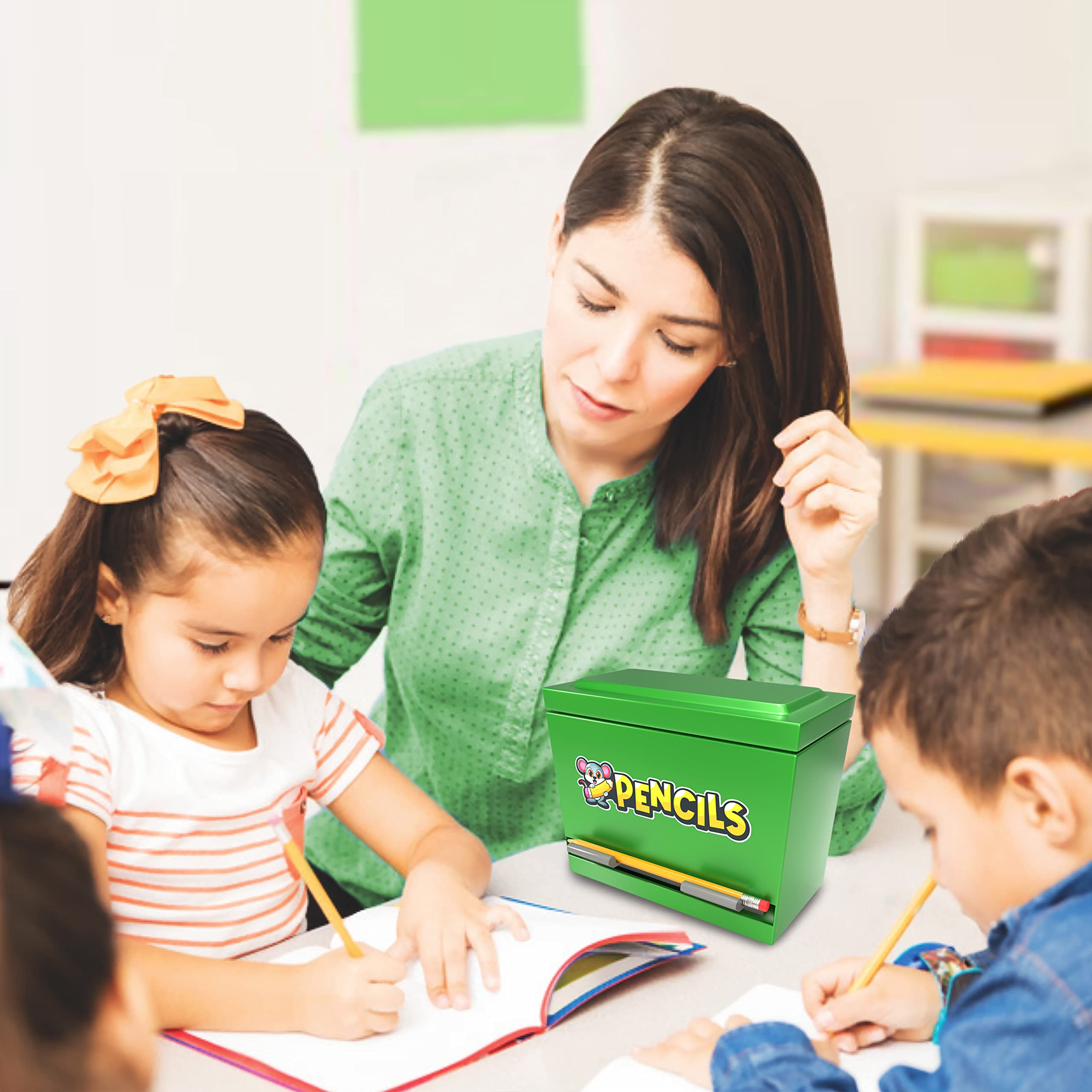 Bleistiftspenderhalter, grüner Edelstahlspender für Bleistifte mit 6 schönen Aufklebern zur Dekoration, Metall-Bleistiftspender für Klassenzimmer, Zuhause, Büro, Lehrer, Studenten (Bleistifte nicht im