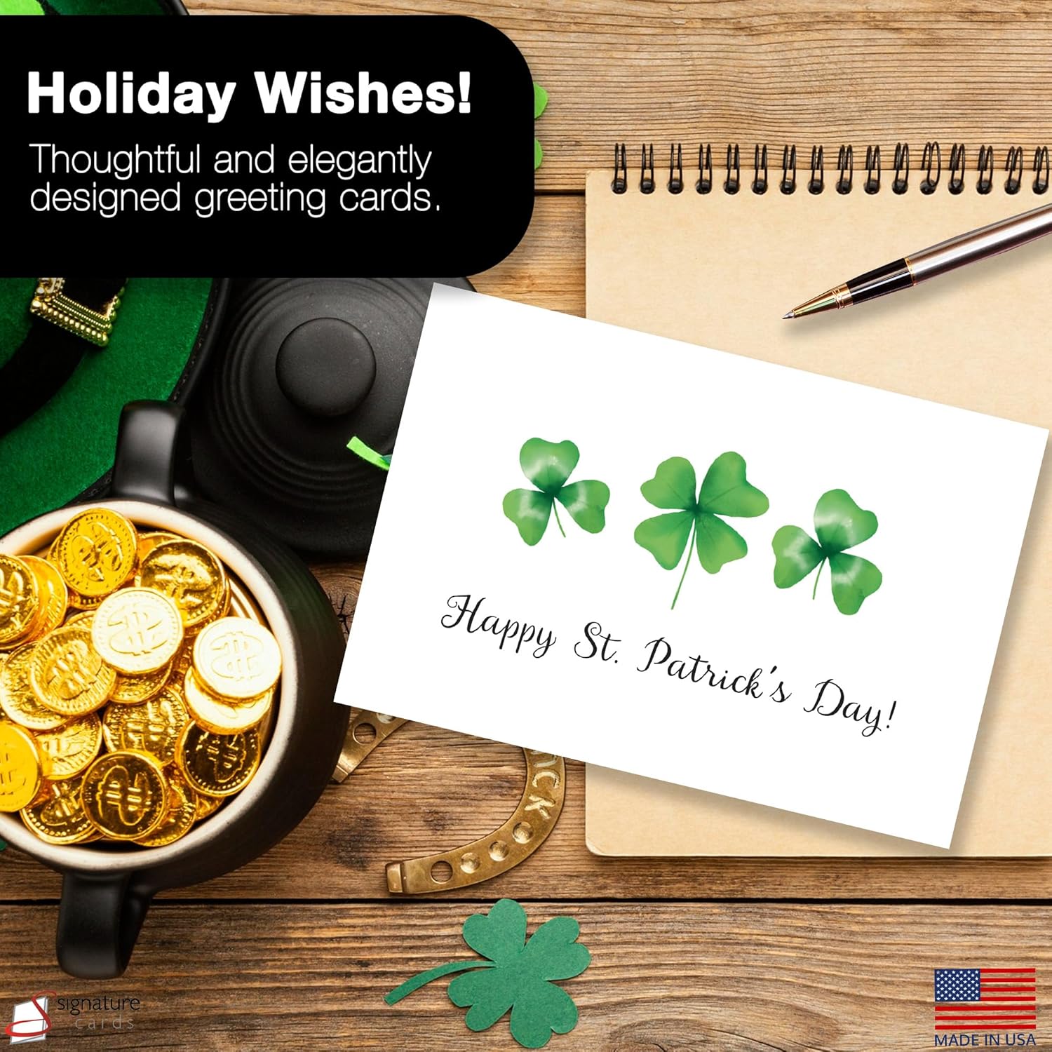 Happy St. Patrick's Day Cards with Envelopes (25-Pack - Lucky Clover) Saint Patrick Bulk Greeting Card Set for Business & Family (5x7 inch - A7) Office, Employees, Work, Clients (SPD2502) Made in USA